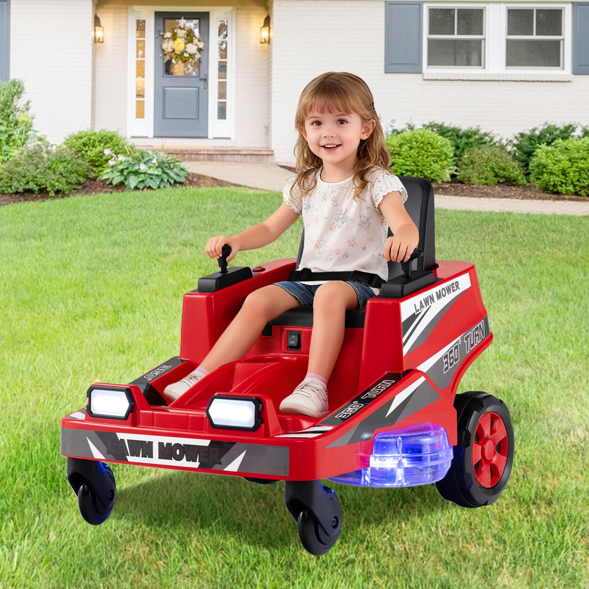 TQ10469US-RE 12V Ride on Lawn Mower for Kids with Dual Control Sticks & LED Lights - Red