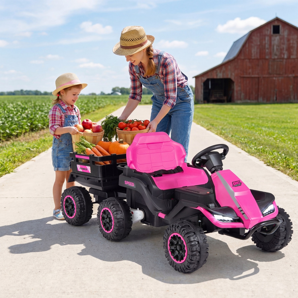 TQ10551US-PI 24V Ride on Tractor with Detachable Trailer & Music for Boys Girls - Pink