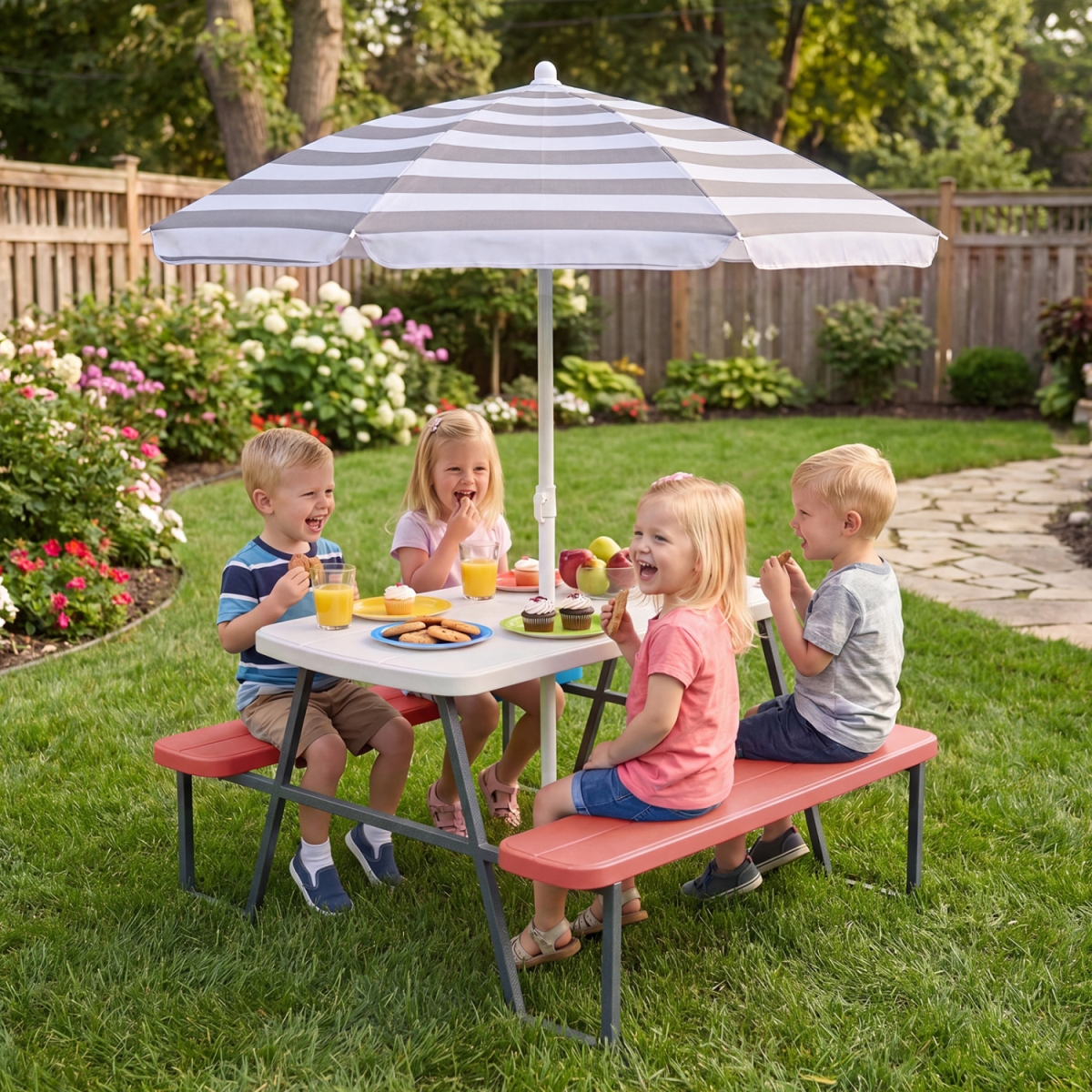 NP11820PI Kids Picnic Table with Benches Seats Up to 4 - Pink