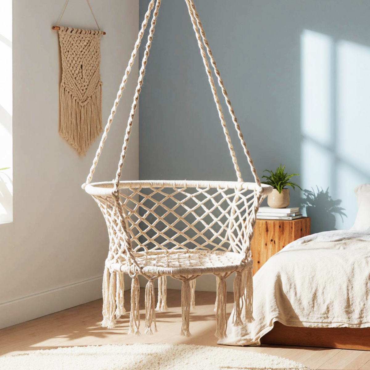 NP12067BE Hammock Chair Macrame Swing Hanging Cotton Rope Chair - Beige