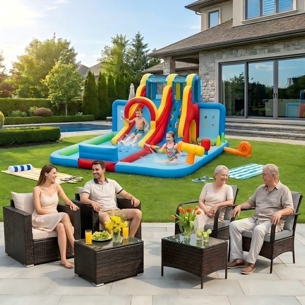 Outdoorplay2 Ultimate Backyard Summer Oasis Set - Patio Rattan Furniture Inflatable Water Slide Park with 680W Blower - Assorted Color - 6 Piece