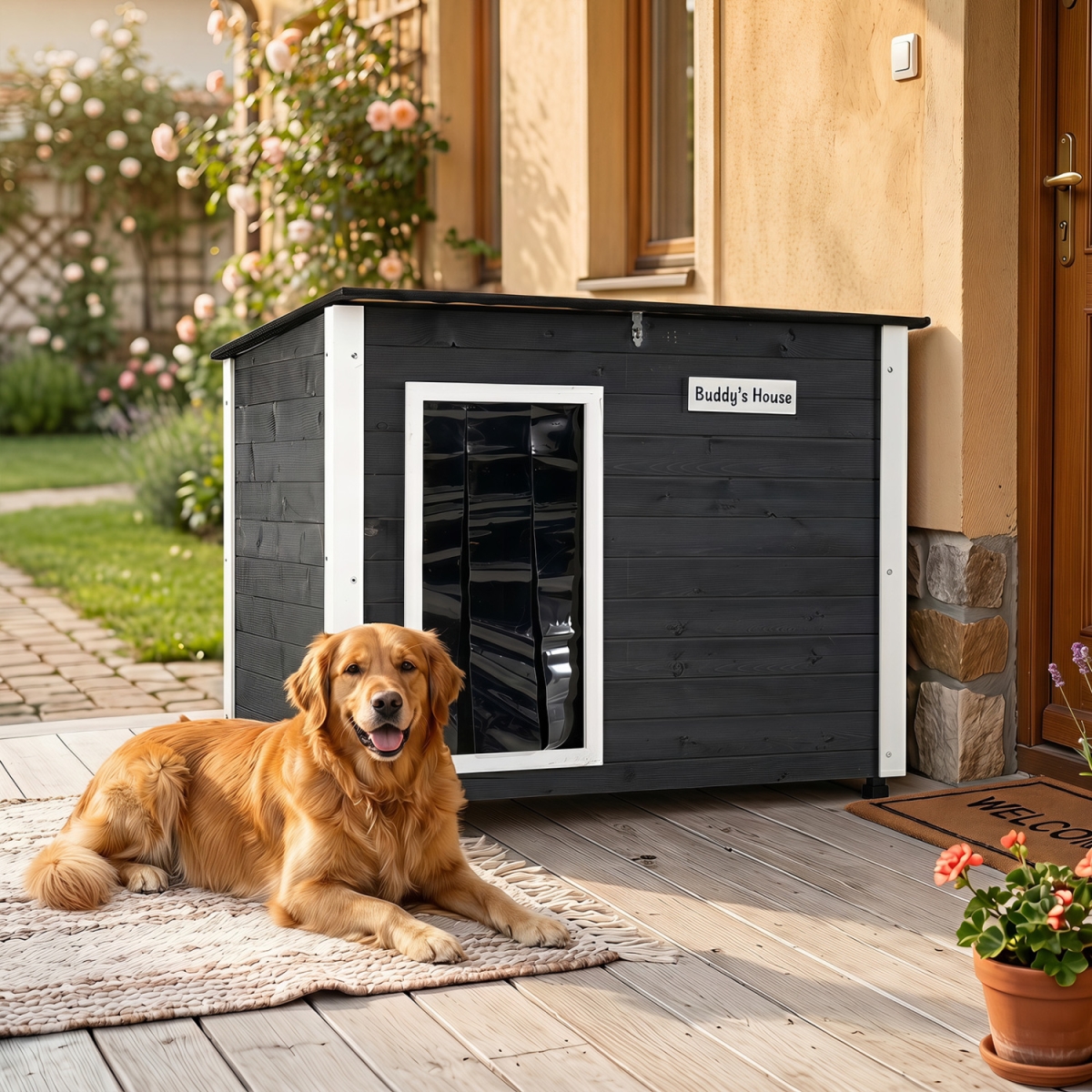 PU10104GR-L Wooden Dog House Outdoor with Natural Spruce Wood Frame Removable Floor & Openable Asphalt Roof - Large