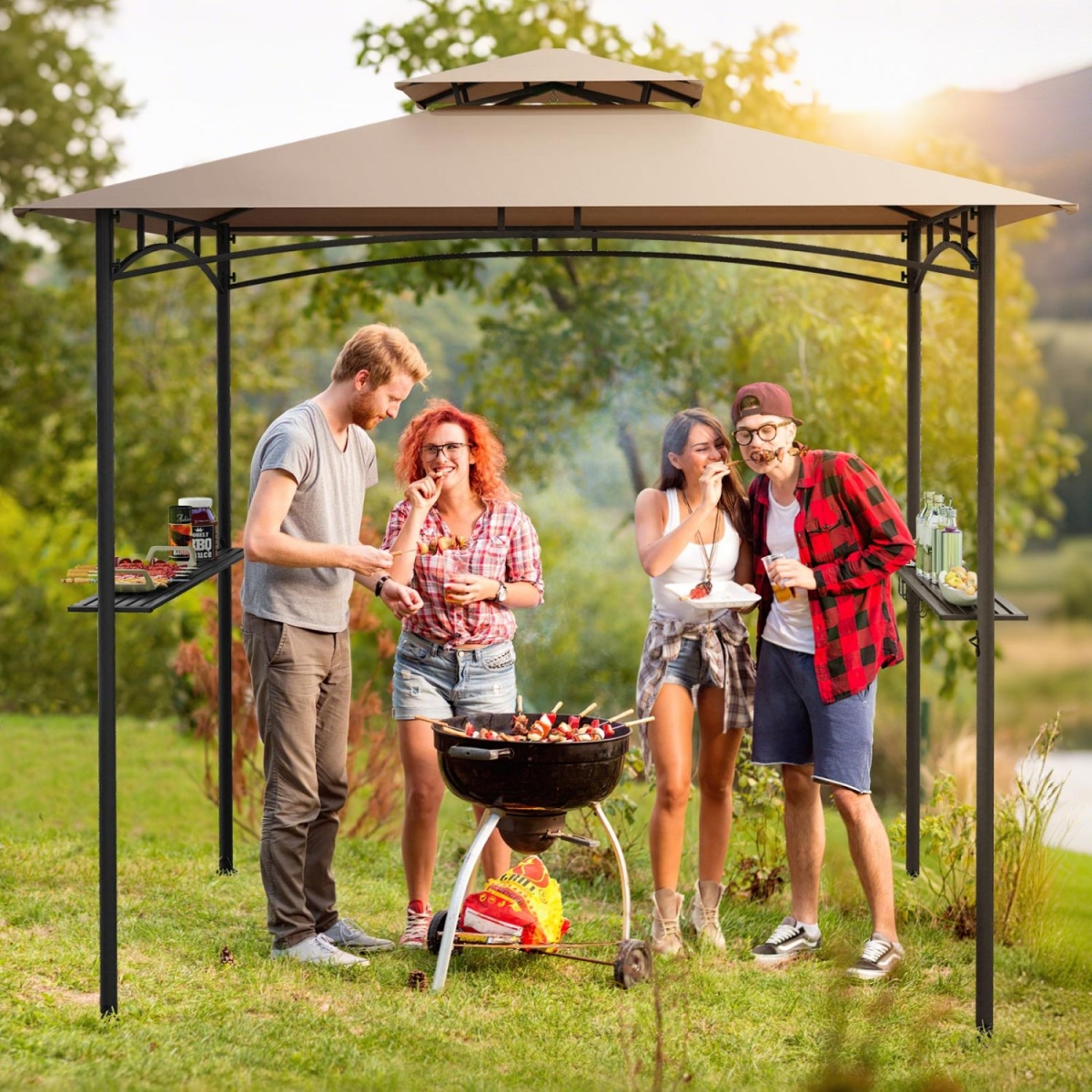 NP12387CF 8 x 5 ft. Grill Gazebo with 2 Shelves 6 Hooks & Metal Frame - Rustic Brown