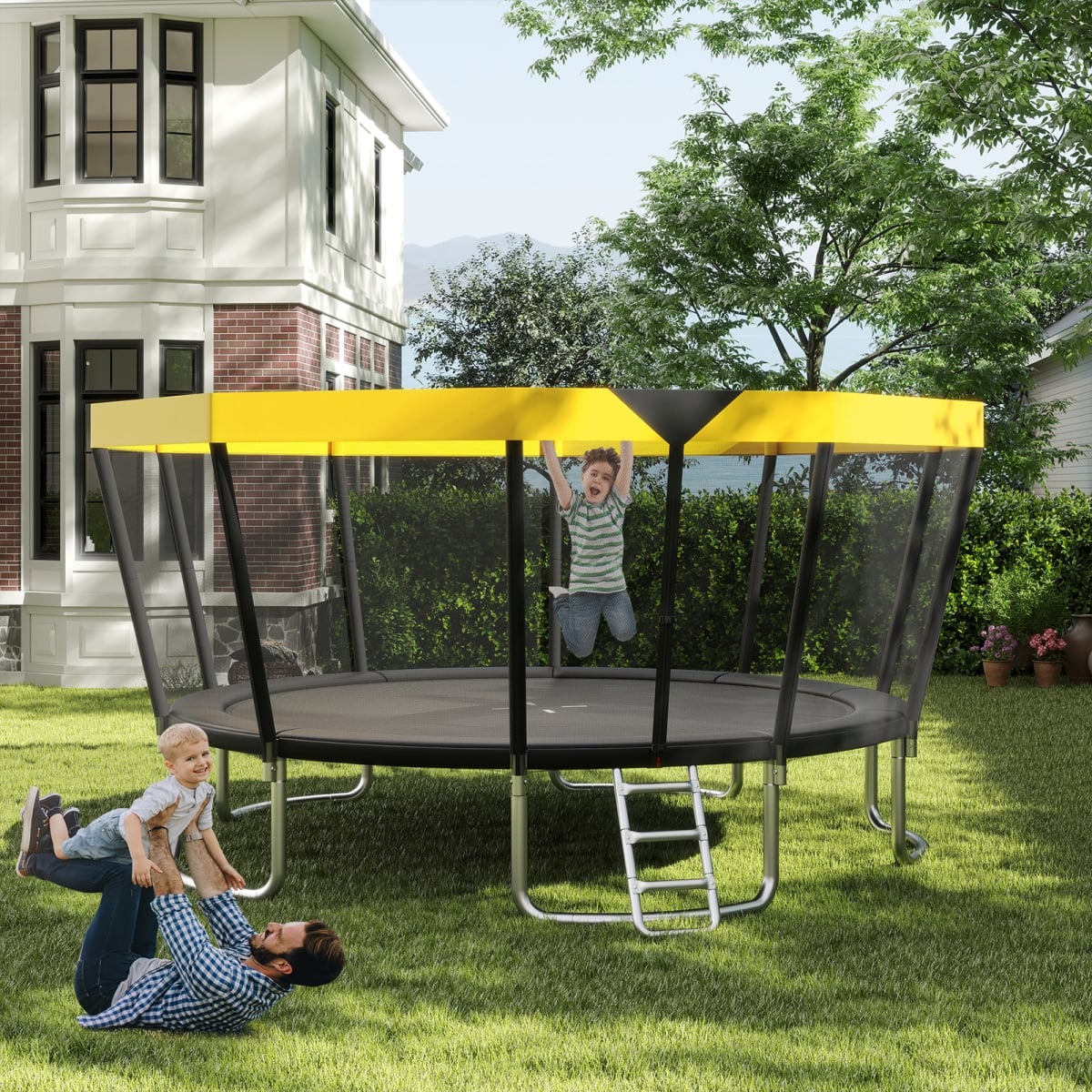 TW10143YE- 15 ft. Outdoor Trampoline ASTM Compliant Recreational Trampoline with Non-Slip Ladder - Yellow