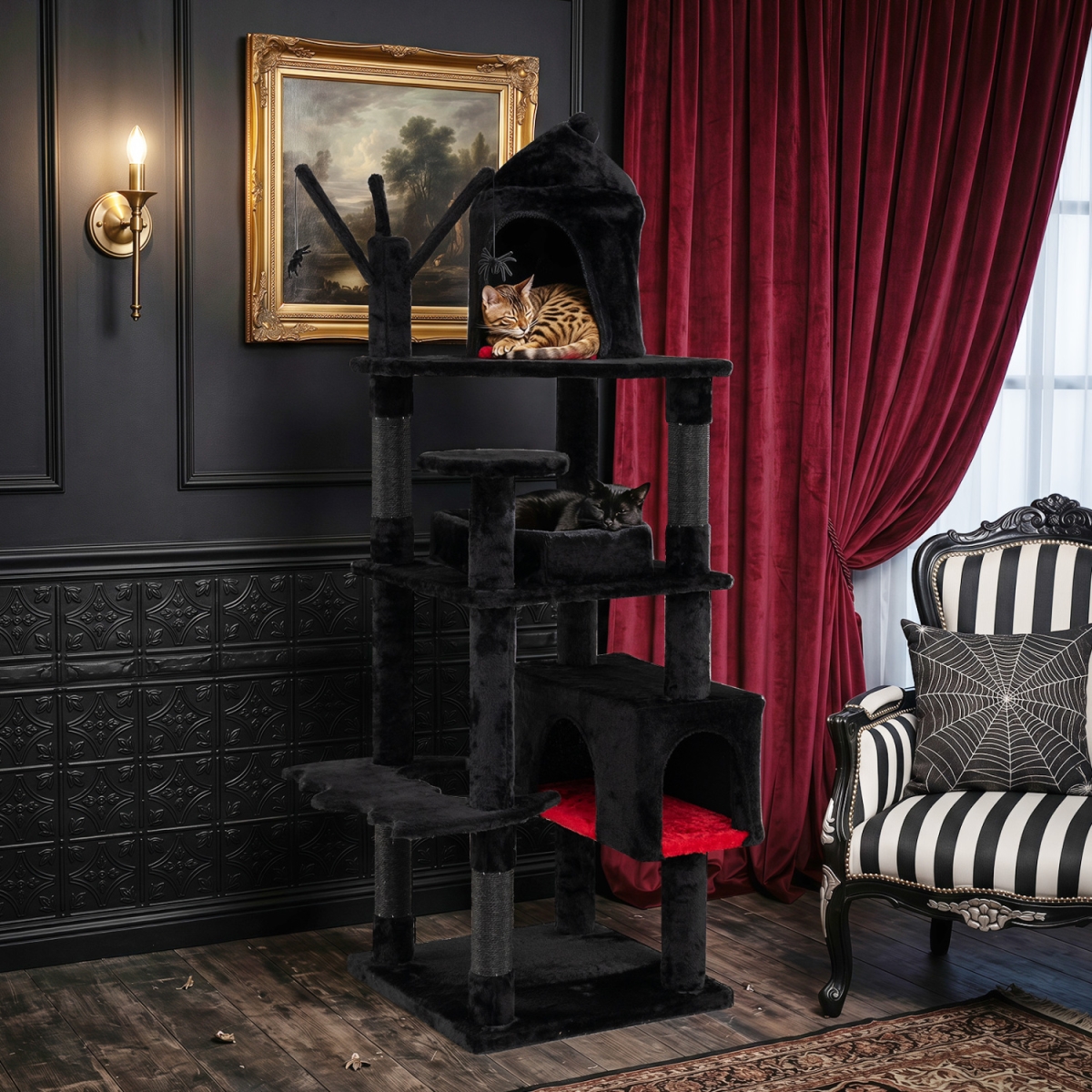PV10528 70 in. Gothic Cat Tree for Indoor Cats with Castle & House - Black & Red