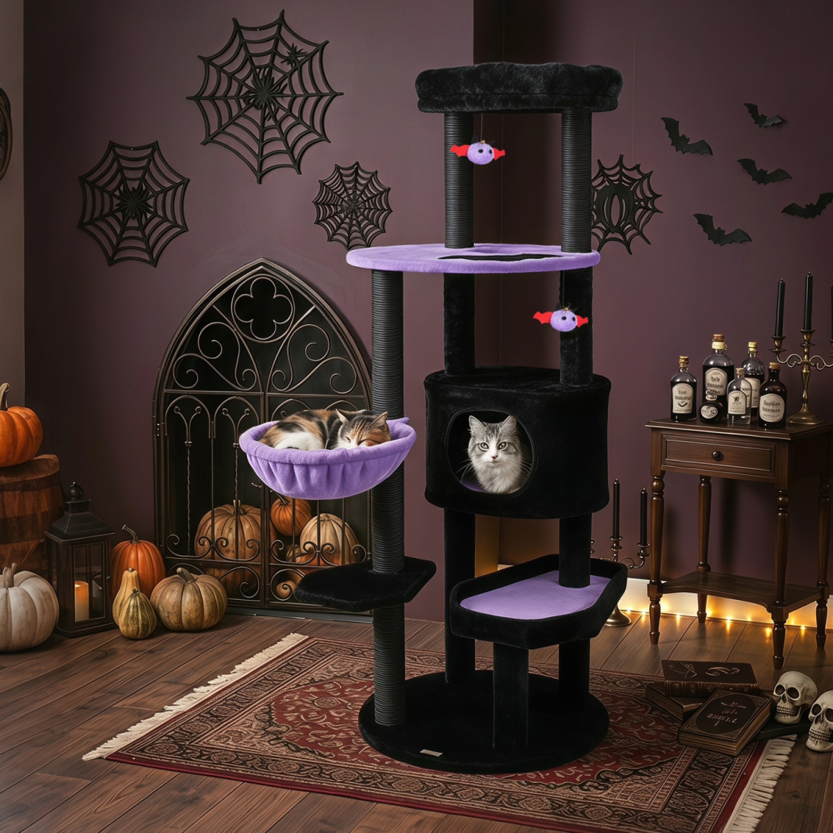 PV10584PU 60 in. Gothic Cat Tower with Plush Perch & Spider Hanging Toys for Black Halloween - Purple