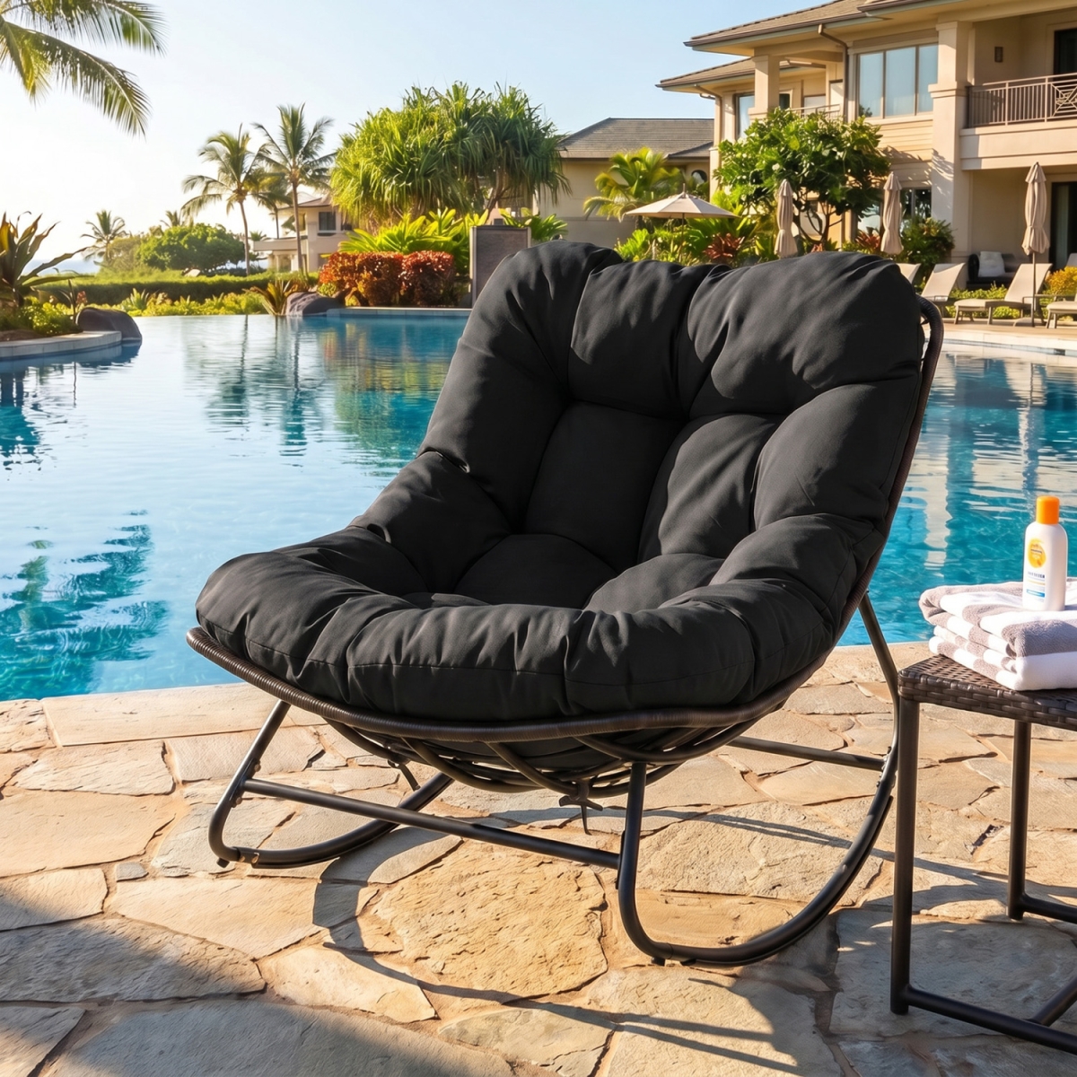 HW76225DK Outdoor Papasan Rocking Chair with Thick Cushion & Pads - Black