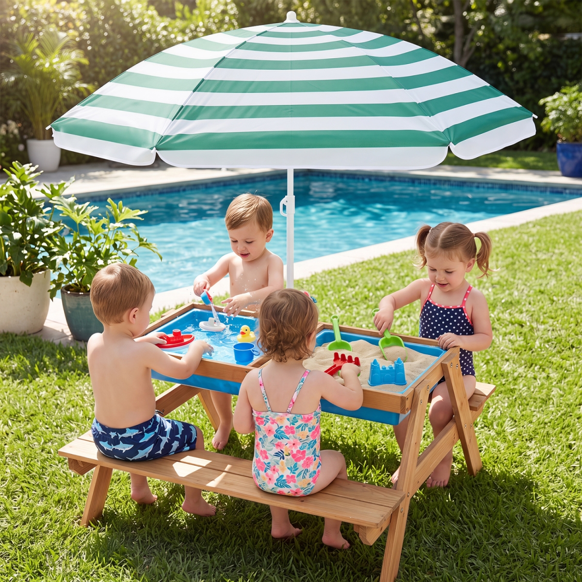 HY10008LV 3-in-1 Kids Outdoor Picnic Water Sand Table with Removable Umbrella & Boxes - Light Green