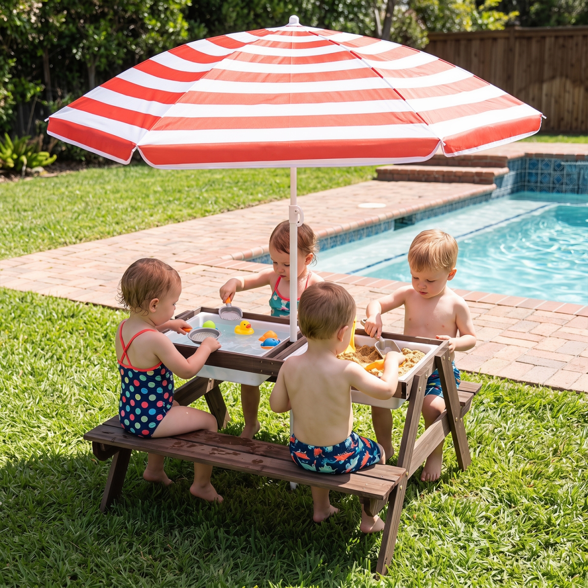 HY10008RE 3-in-1 Kids Outdoor Picnic Water Sand Table with Removable Umbrella & Boxes - Red