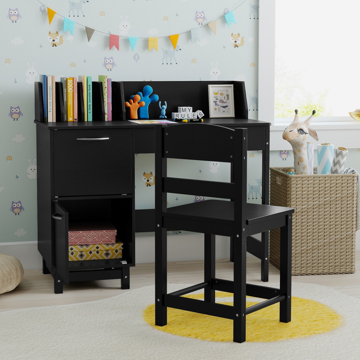 HY10456DK Wooden Kids Study Desk & Chair Set Student Workstation - Black