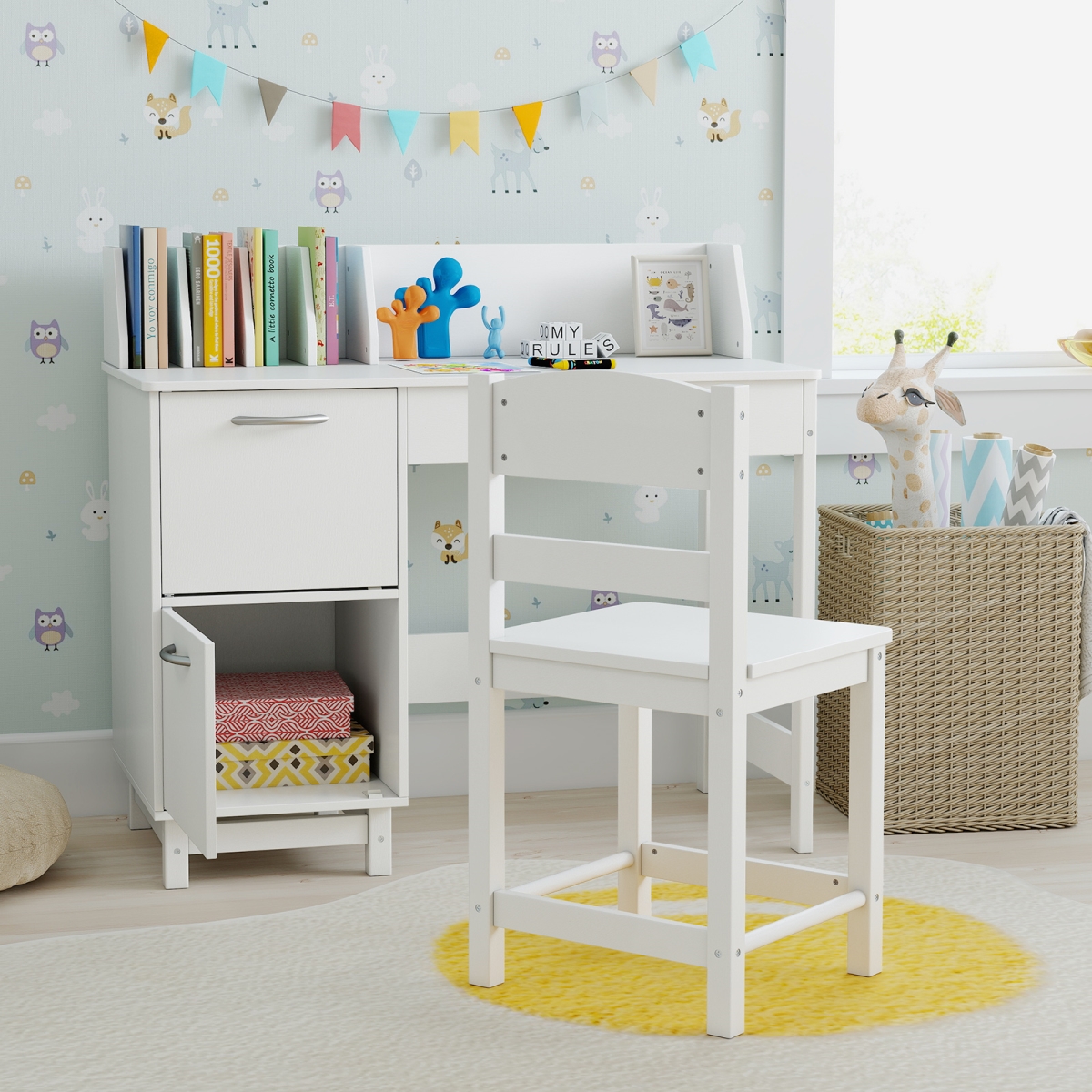 HY10456WH Wooden Kids Study Desk & Chair Set Student Workstation - White