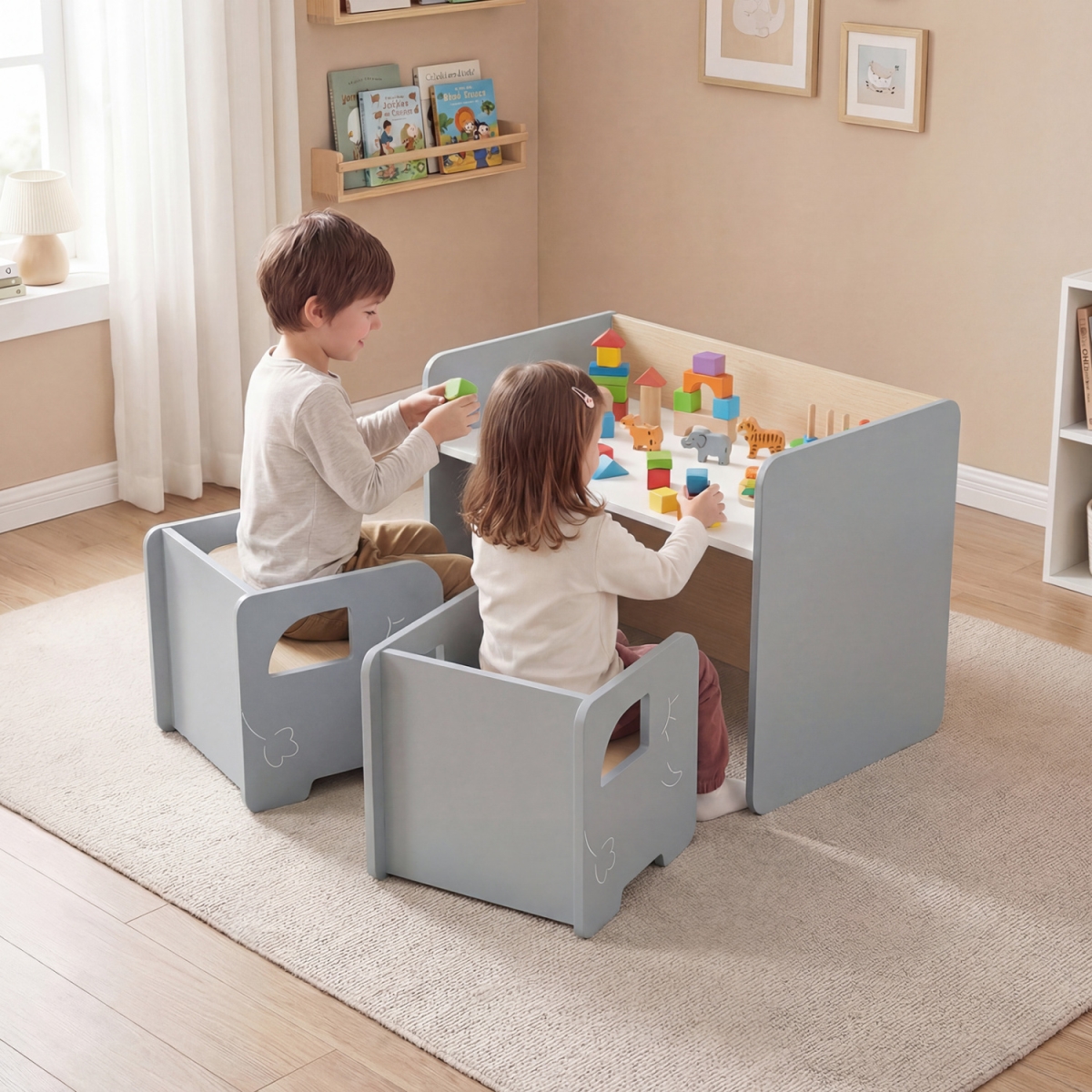 HY10515GR Kids Table & Chair Set with Space-Saving Toddler Table & 2 Chairs - Gray - 3 Piece