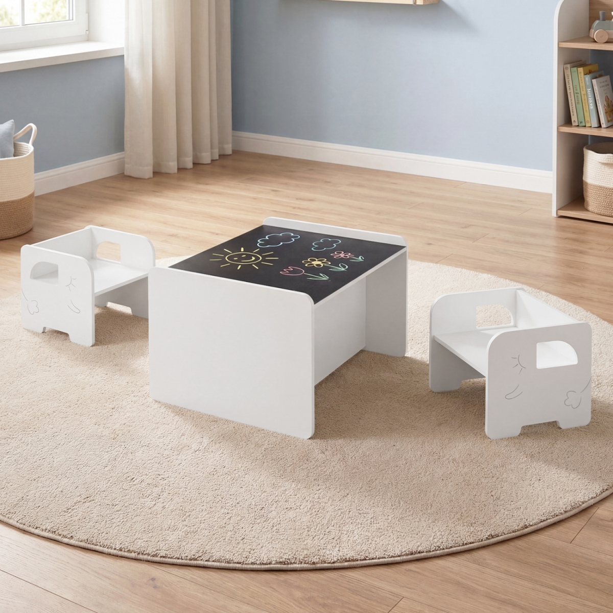 HY10515WH Kids Table & Chair Set with Space-Saving Toddler Table & 2 Chairs - White - 3 Piece