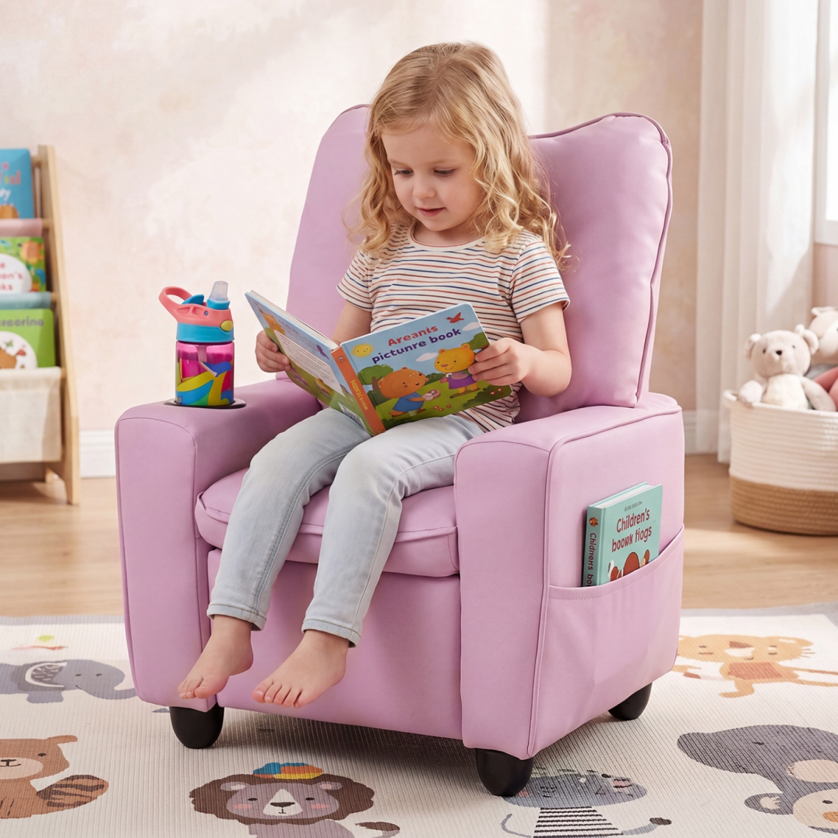 HY10548PI Kids Recliner with Cup Holder Armrests & Adjustable Backrest for Playroom - Pink