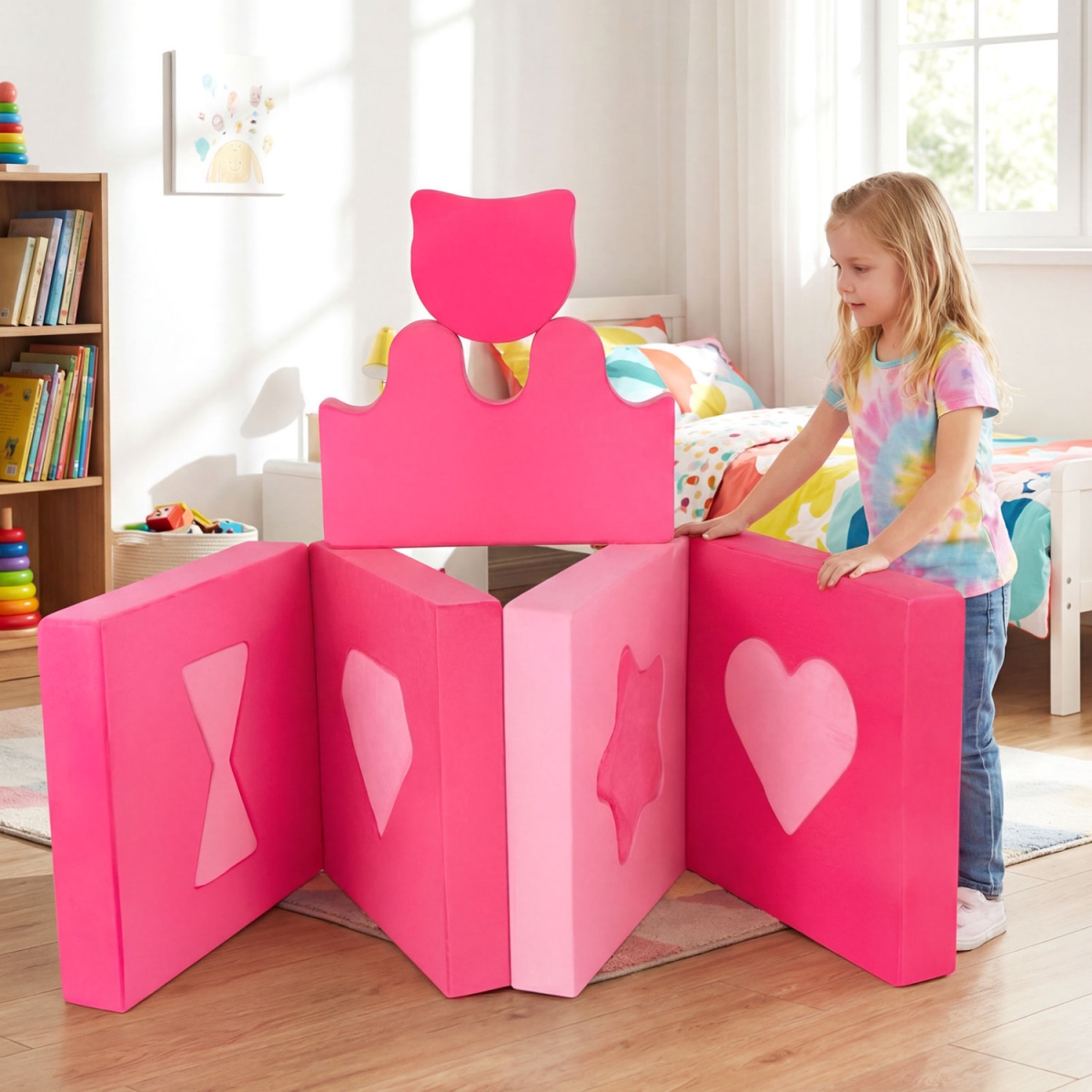 HY10581PI Kids Play Couch Modular Foam Climbing Blocks for Age 3 & Up Years Old - Pink - 14 Piece