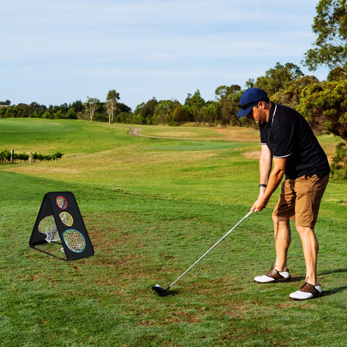 SP38639 Dual-Sided Golf Chipping Net Triple Target Training System with 5 Target Holes - Black