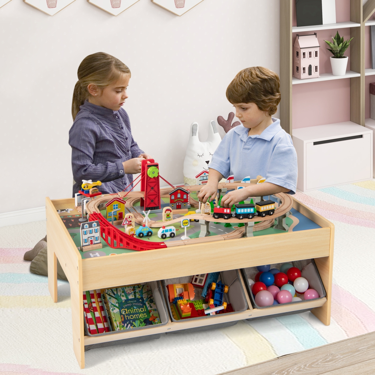 TM10163GR Wooden Train Set Table Kids Multipurpose Activity Play Table with 2 Reversible Tabletops - Gray