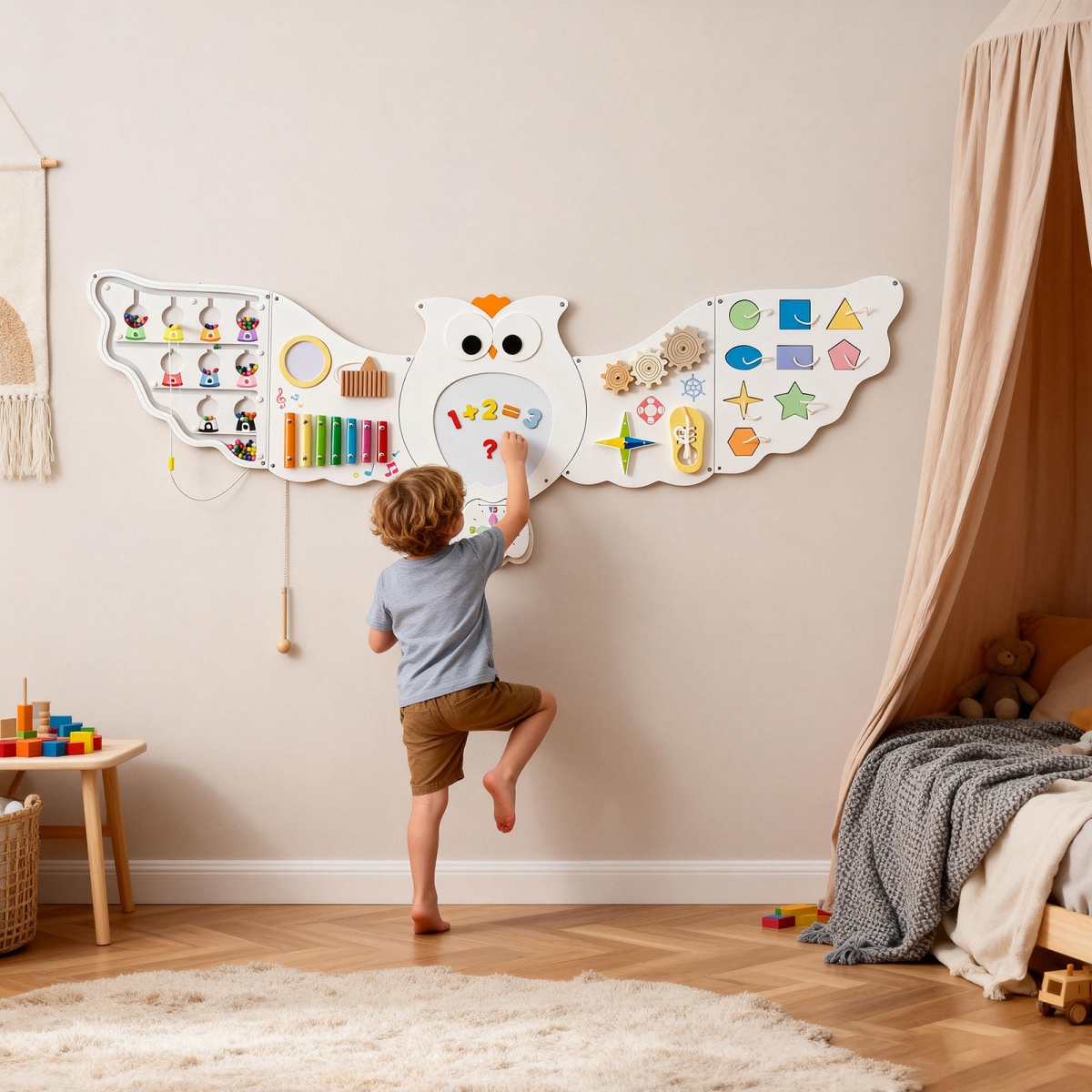 TM10204 11-in-1 Toddler Learning Activity Center Owl Activity Wall Busy Board Panels for 3 & Up Years Old - White