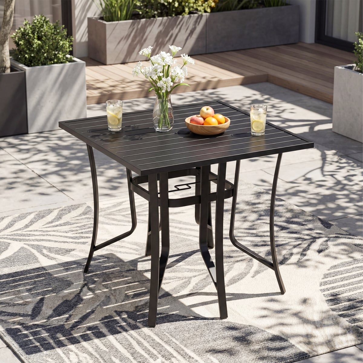 NP13157DK 36 in. Square Patio Table for 4 Metal Dining Table with Umbrella Hole - Black