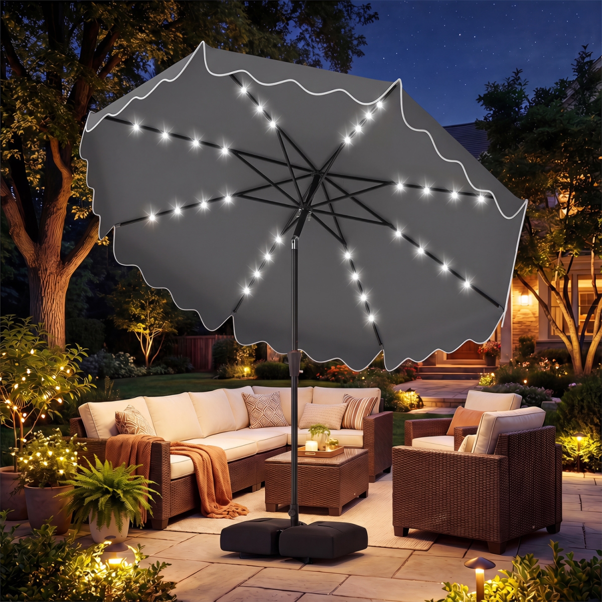 NP13208GR 10 ft. Outdoor Patio Umbrella with Solar LED Lights & Weighted Base - Gray