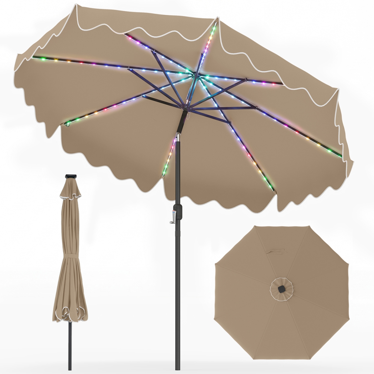 NP13307CF 9 ft. Solar Patio Umbrella with Color-Changing LED Lights - Brown