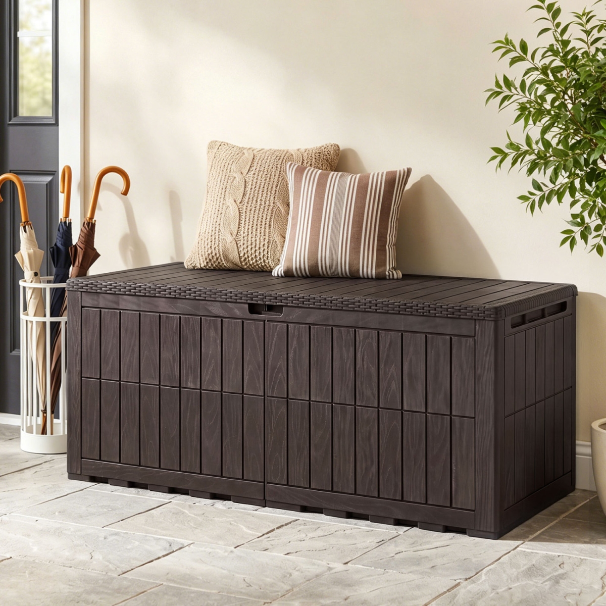 NP13731BN 180 gal Outdoor Deck Box All-Weather Lockable Storage Bin with Lid & Handles - Brown