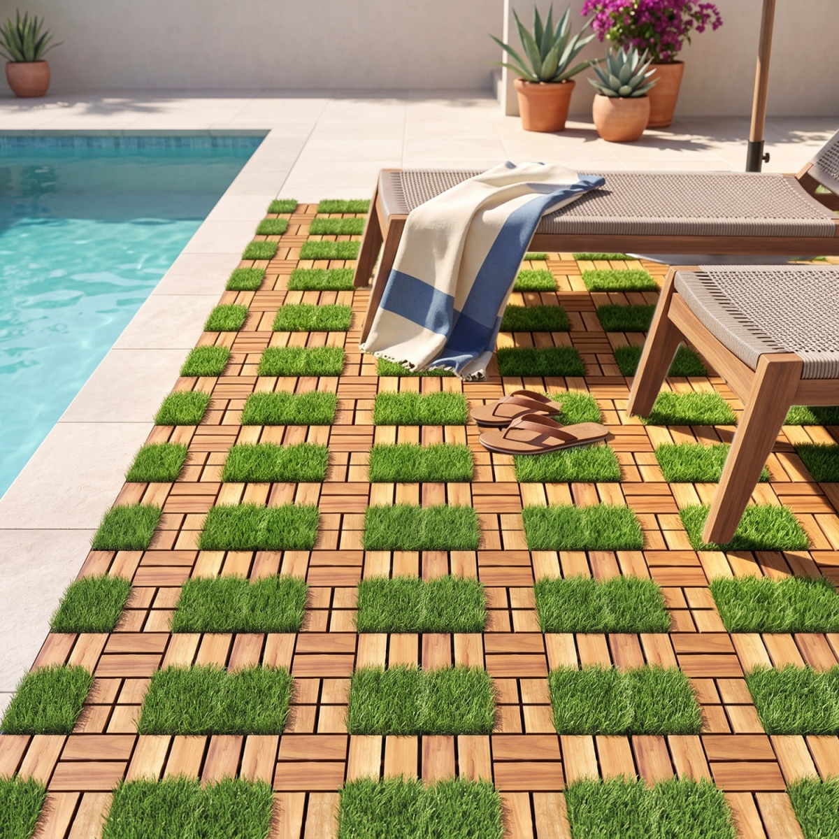 NP13856NA Acacia Wood Interlocking Deck Tiles with Artificial Grass - Natural