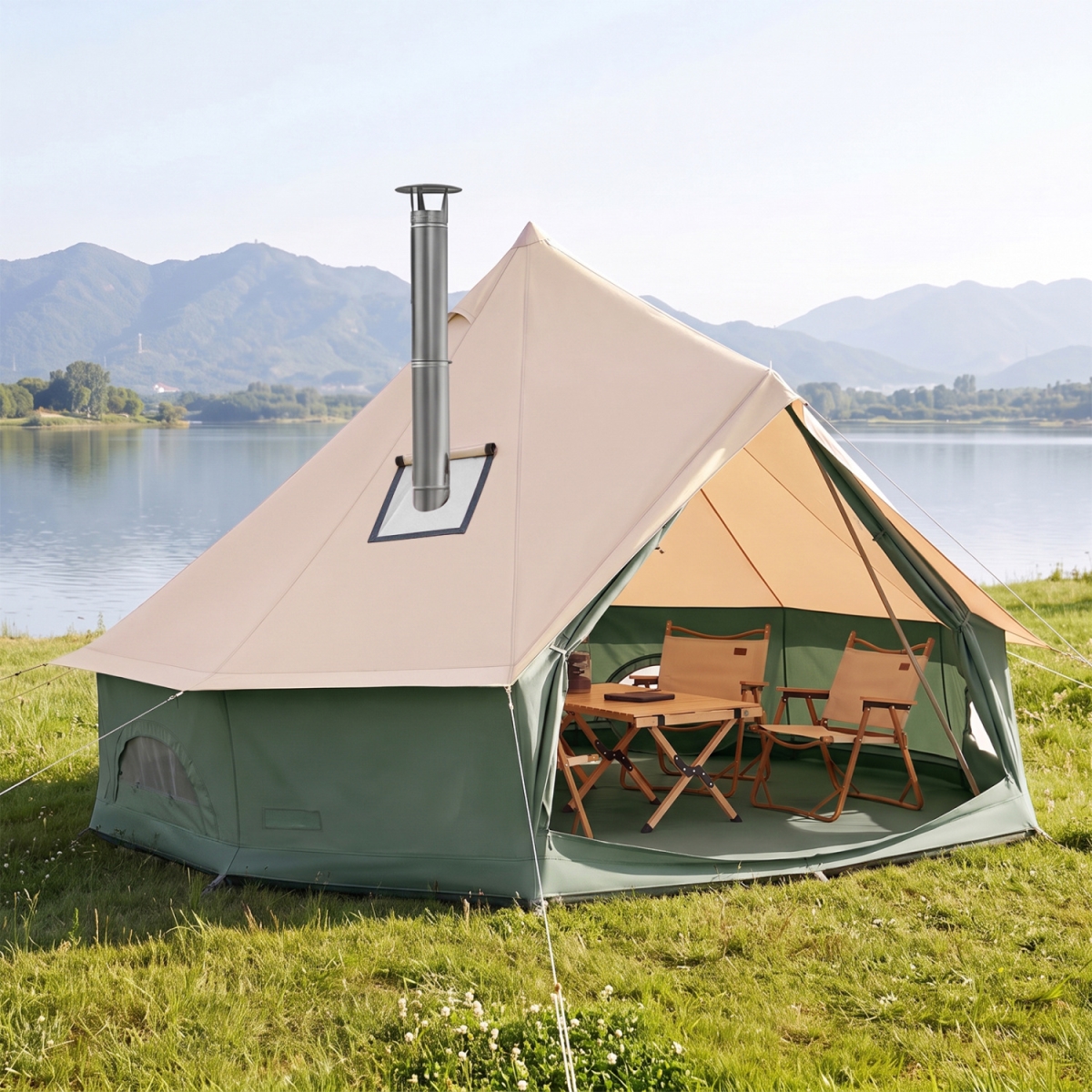 NP13894CF-S Waterproof Bell Tent with Stove Jack Accommodates & Mesh Windows Doors - Green - Small