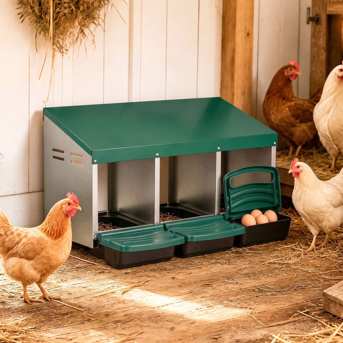 PS7923GN 3-Compartment Roll Away Chicken Nesting Box for Egg Collection with Removable Trays & Landing Steps - Green
