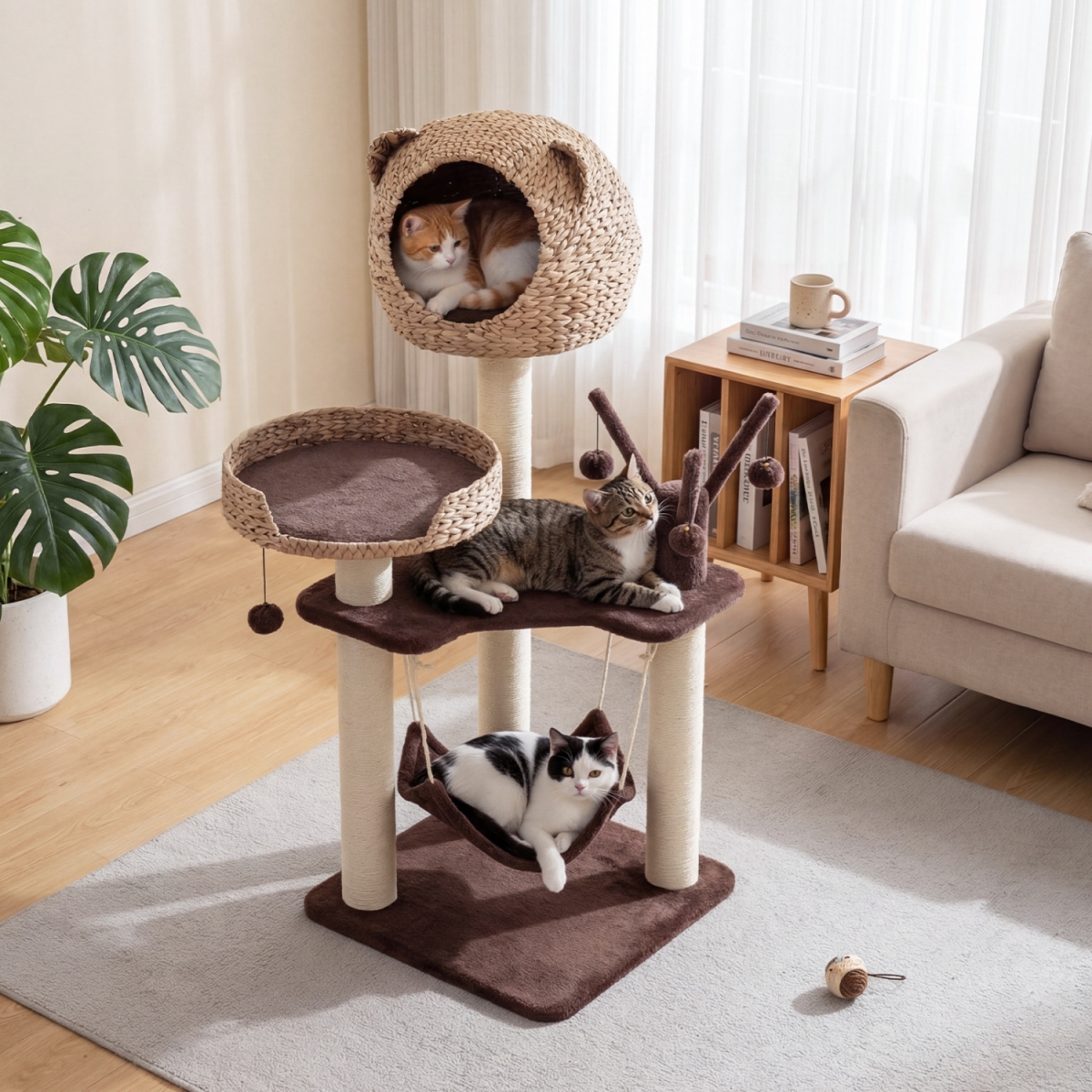PV10069BN Multi-Level Cat Tree with Condo Hammock & Rotatable Hanging Balls - Brown