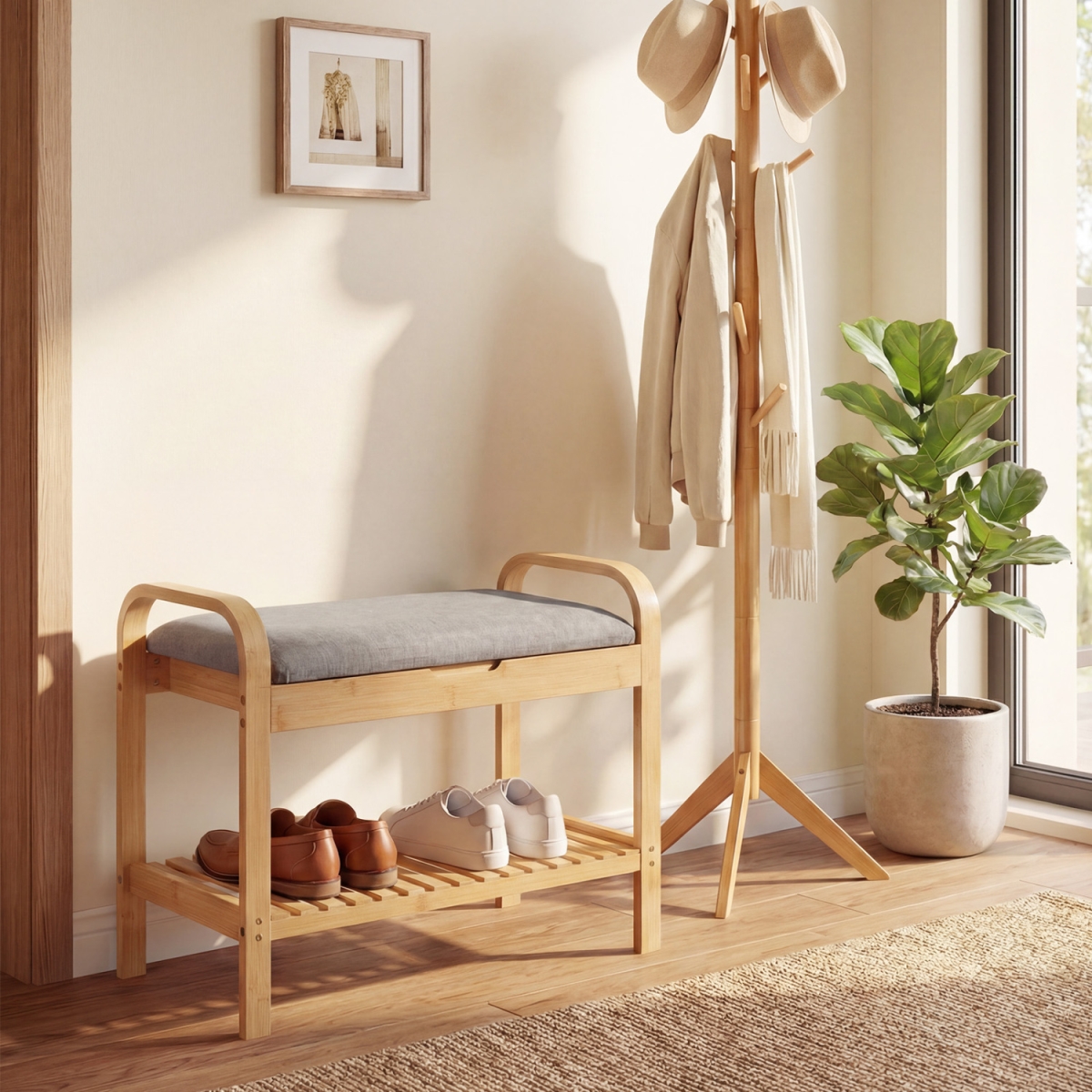 JV13858NA 2-Tier Shoe Rack Bench with Flip-Top Storage - Natural