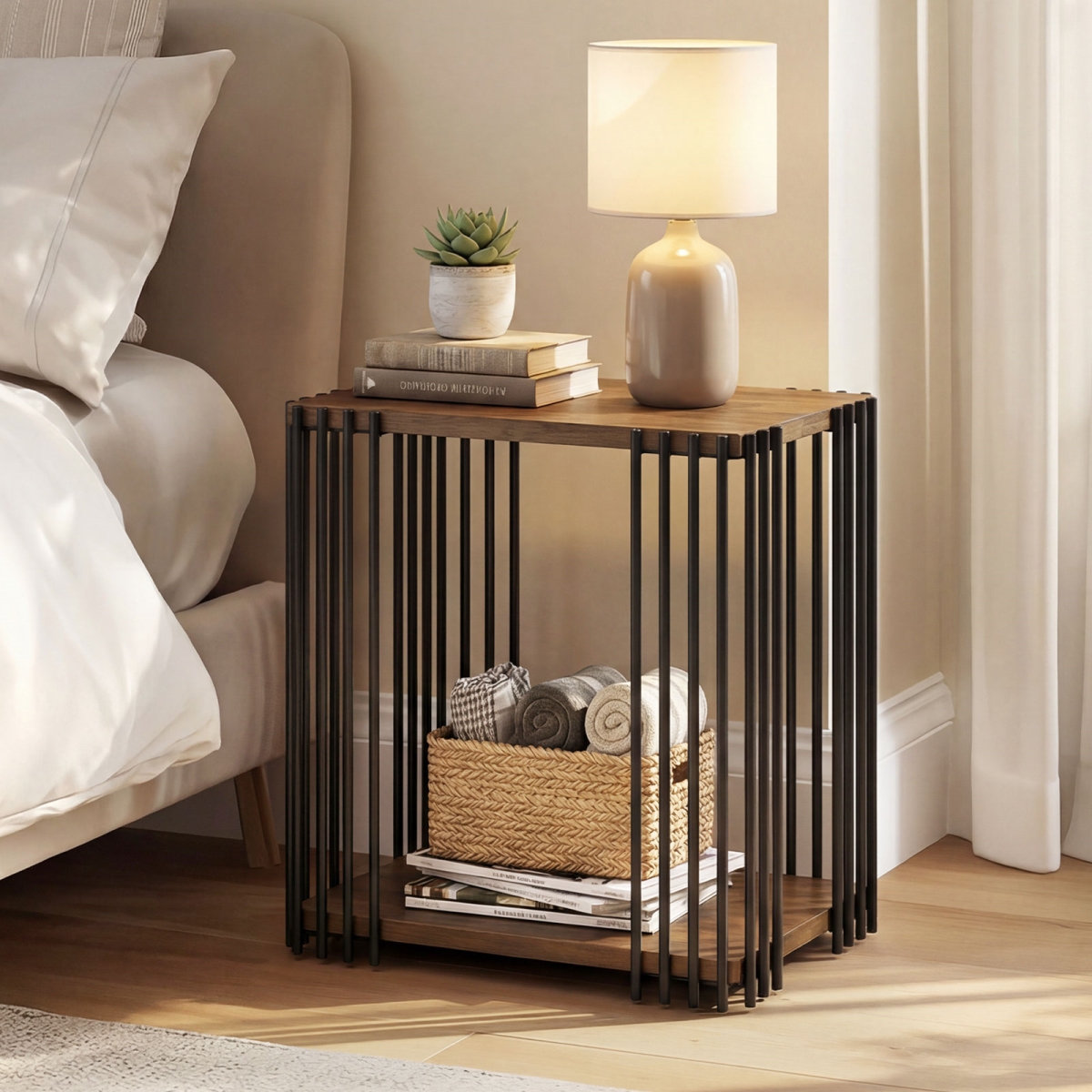 JV13864WL Rubber Wood Side Table with 2-Layer Storage Shelves & Metal Frame - Walnut