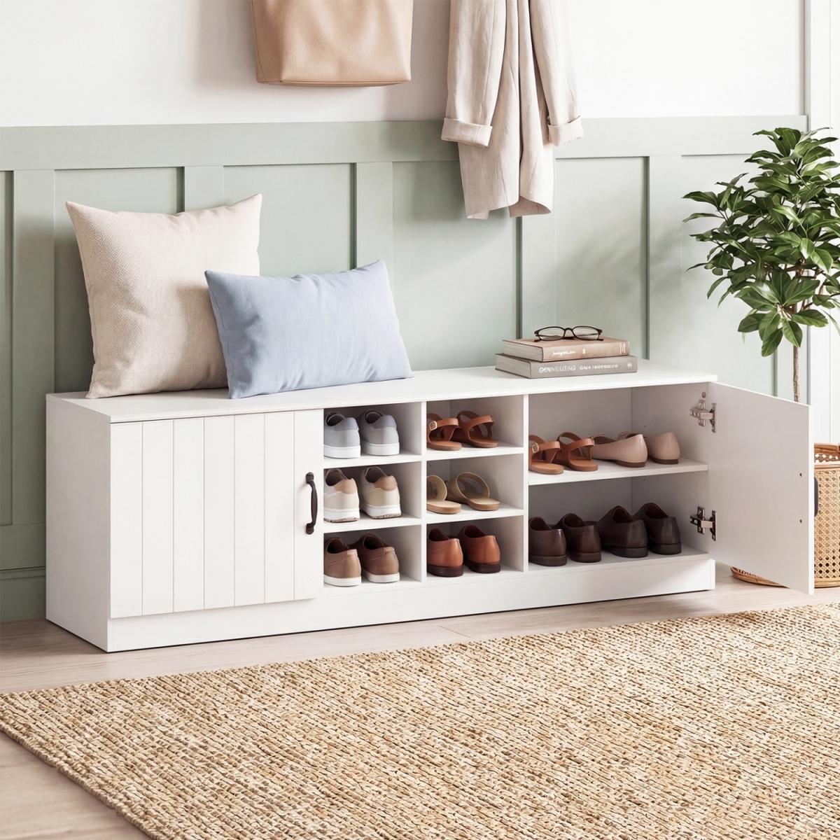 JV13905WH 2-Door Shoe Bench Storage Cabinet with Adjustable Shelves - White