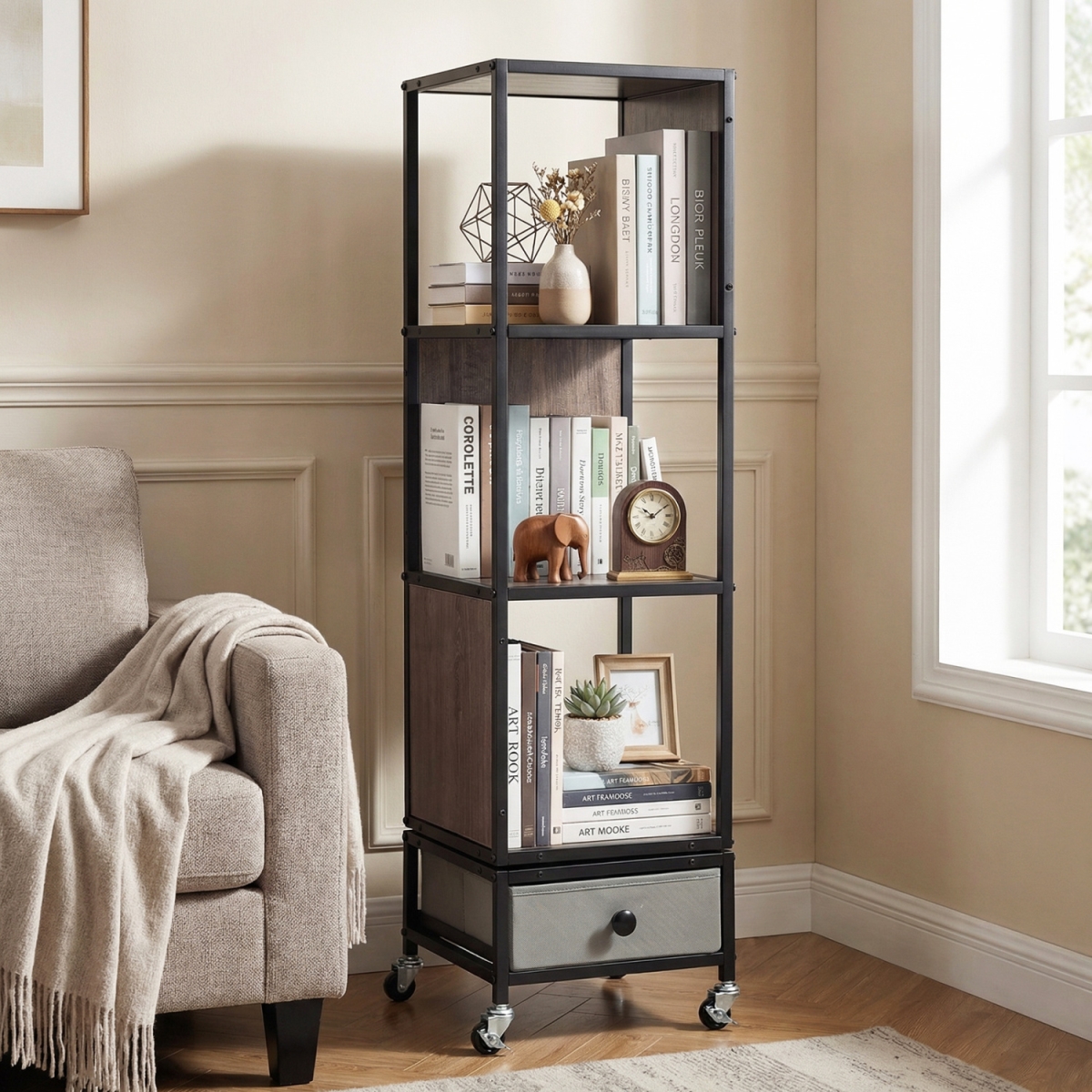 JV13985GR 4-Tier Rotating Bookshelf on Wheels with Removable Drawer - Gray