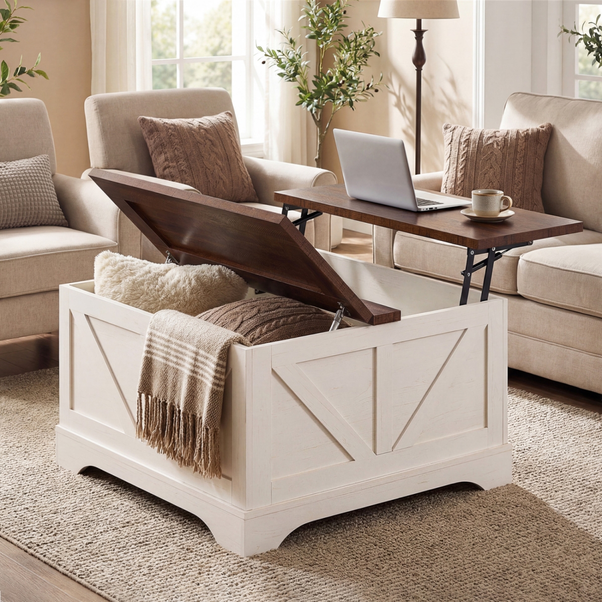 JV14038WH 31.5 in. Square Coffee Table with Lifting Tabletop & Hidden Compartment - Rustic Brown