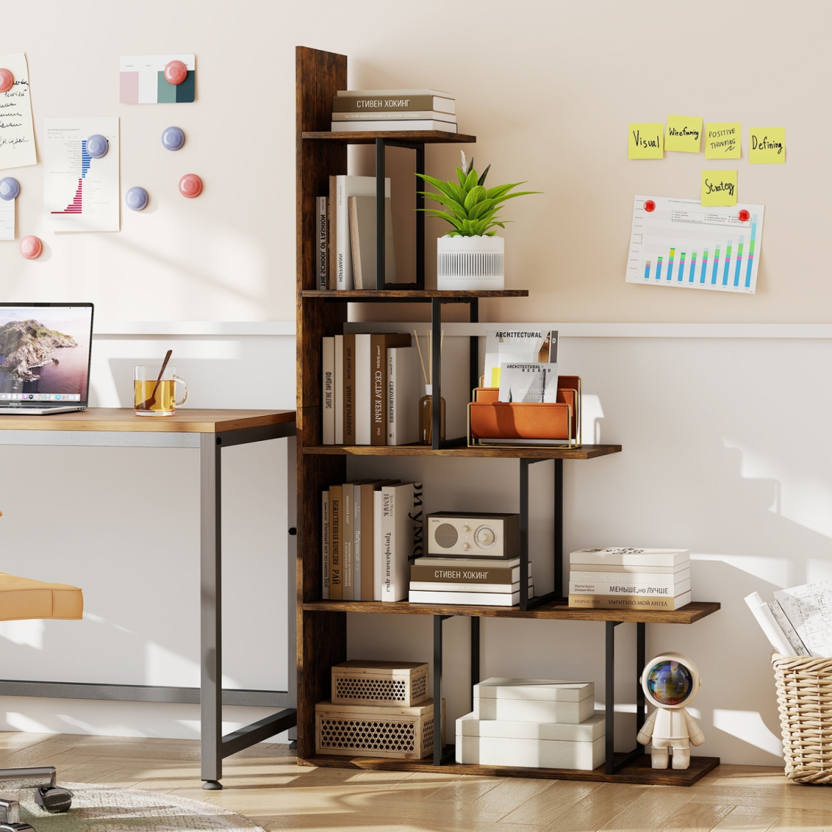 JV14198CF 5-Tier 62 in. Tall Stepped Bookshelf with Heavy Duty Metal Frame - Rustic Brown