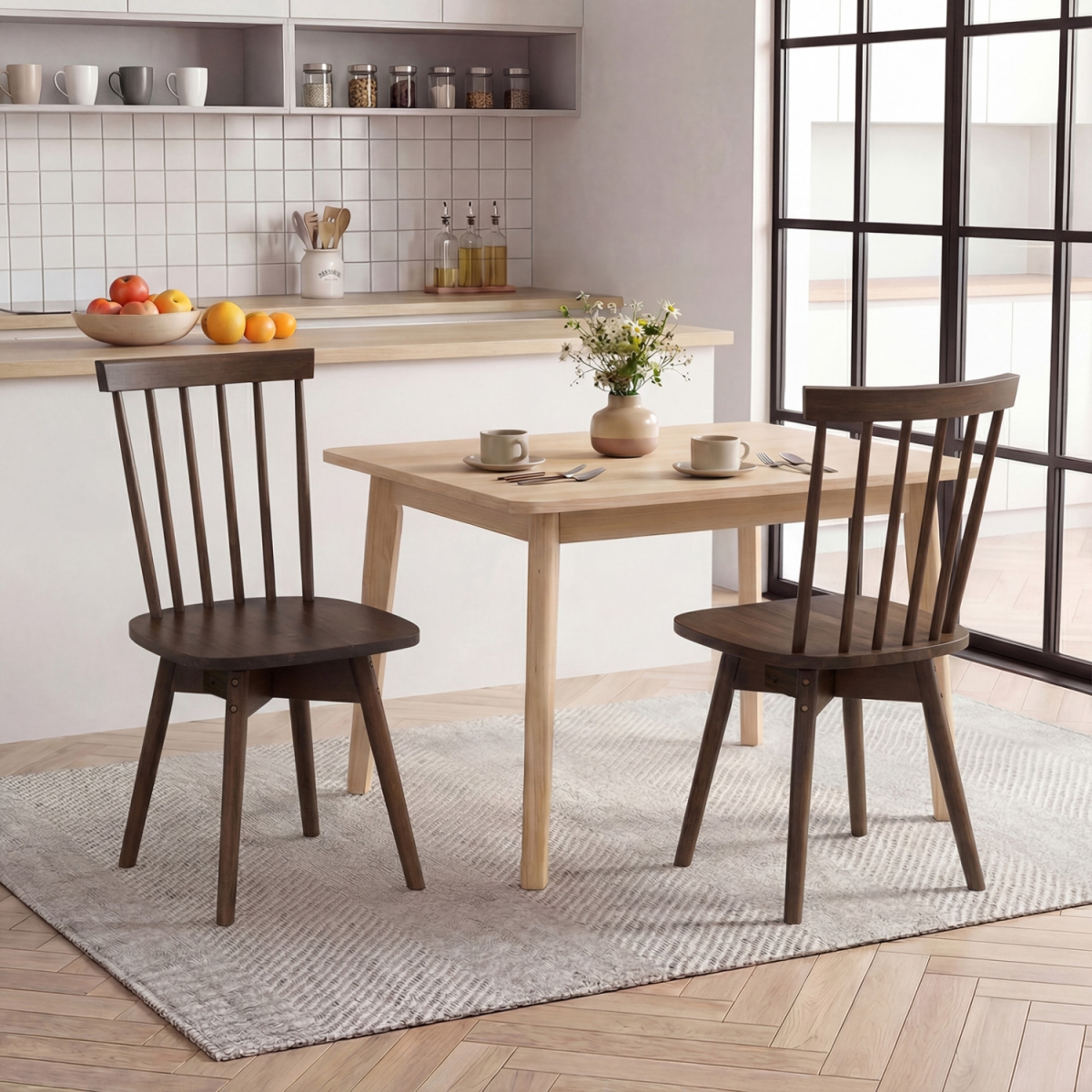 JV14207WN-2 Windsor Dining Chairs Mid Century Rubber Wood Kitchen Chairs with Swivel Seat - Walnut - Set of 2