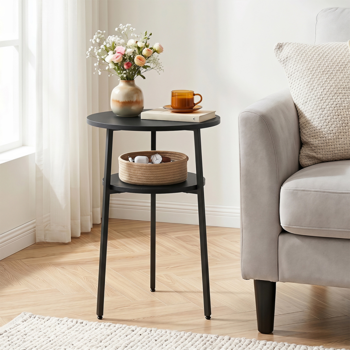 JV14313DK-1 Round Side Table with Storage Shelf & Metal Frame for Living Room - Black