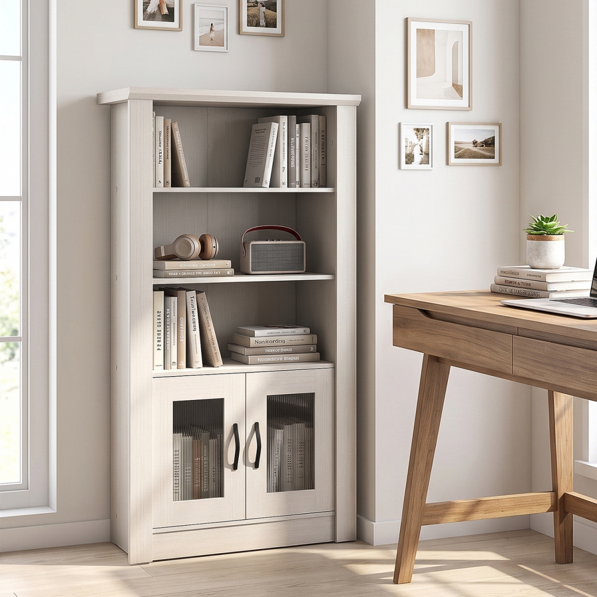 JV14317WH 48.5 in. Modern Bookcase 4-Tier with 2 Translucent Fluted Doors & Anti-Tipping Kits - White