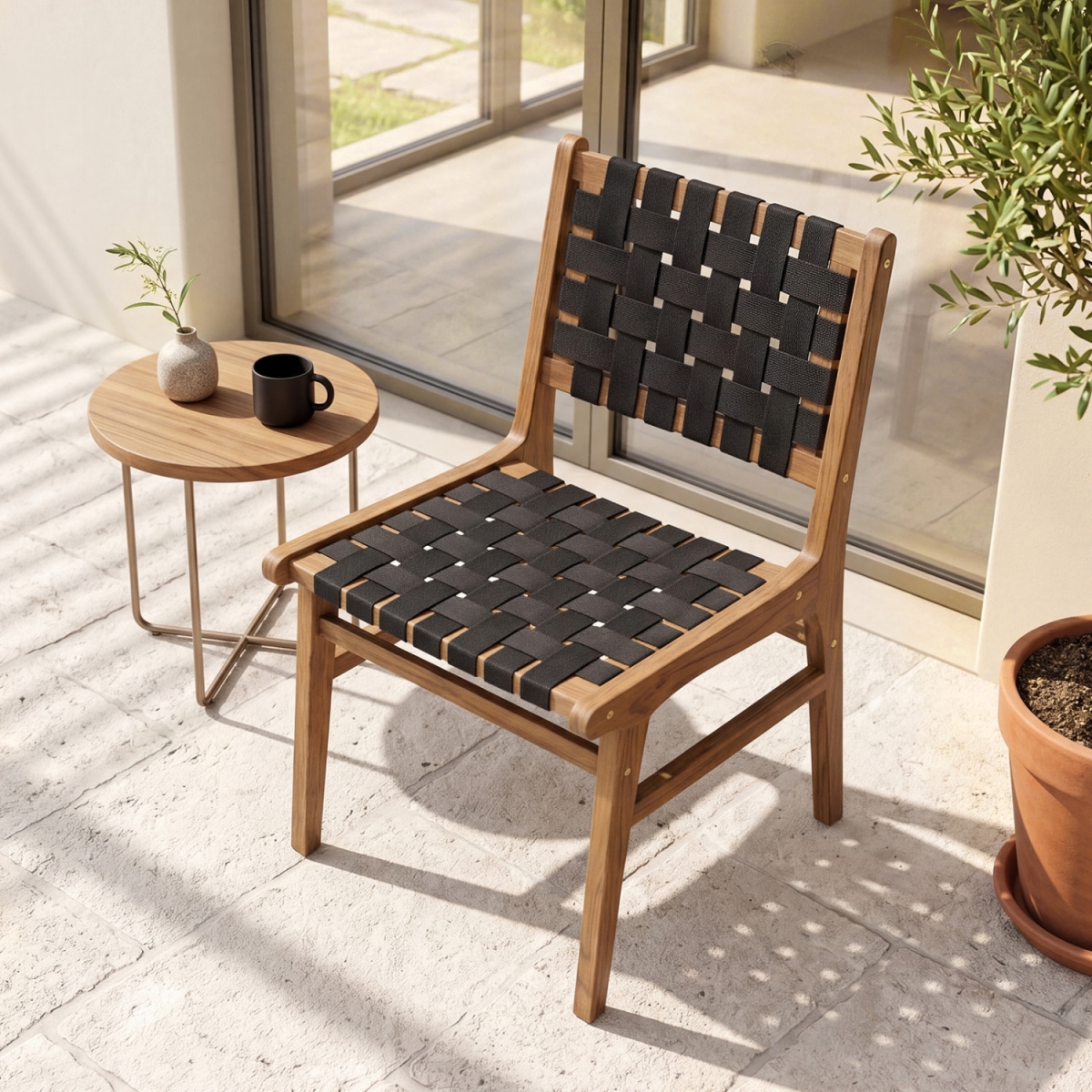 JV14358 Solid Teak Hand-Woven Strap Outdoor Dining Chair with Flex Support for Deck Garden - Natural & Black