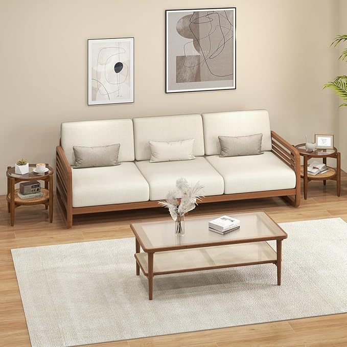 JV14441WN-2 Rattan Round Side End Table with Tempered Glass Tabletop - Walnut - Set of 2