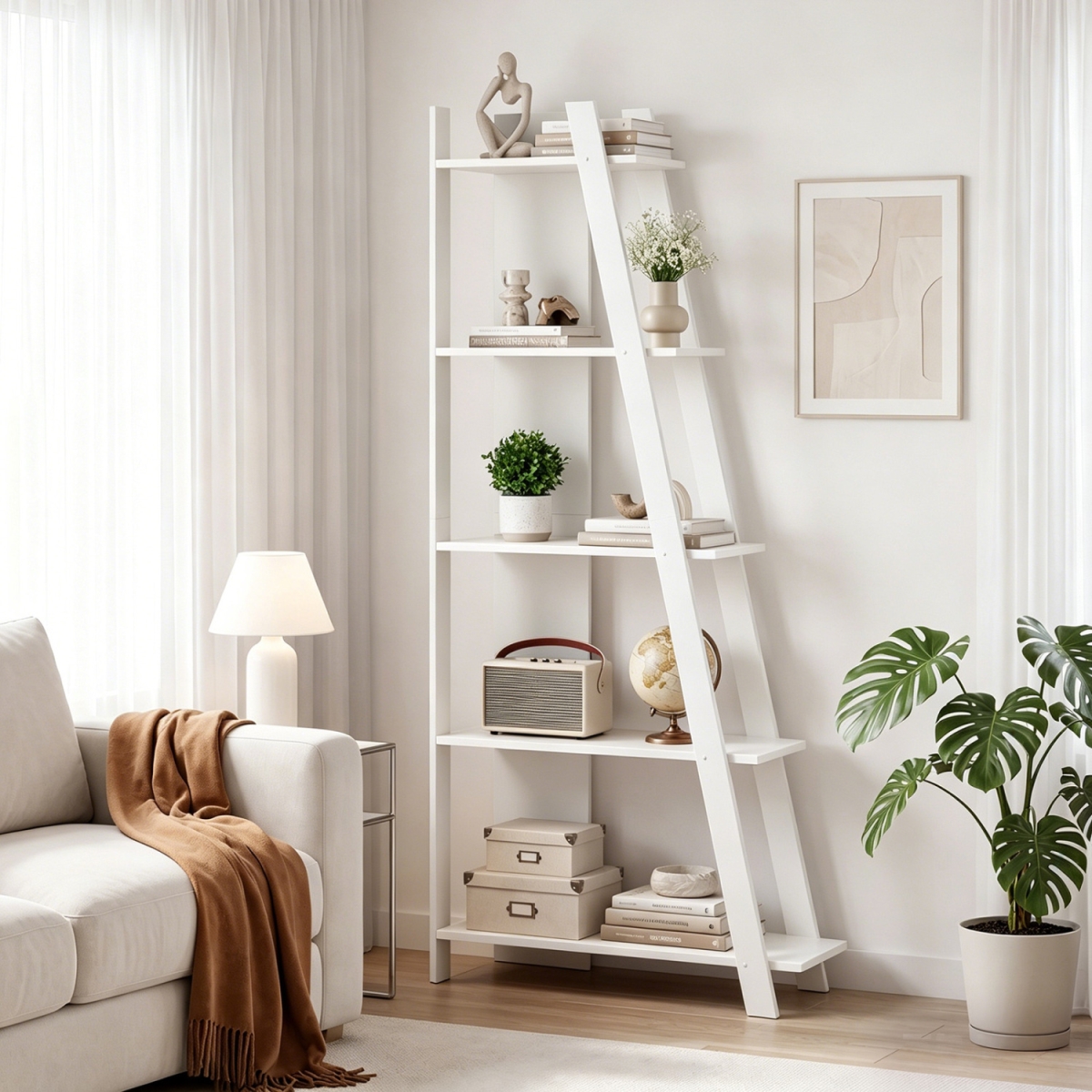 JV14446WH 5-Tier Modern Bookshelf Narrow Vertical Display Shelf for Small Space - White
