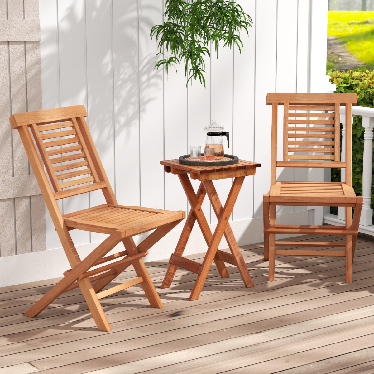 JV14473-2 Teak Wood Folding Patio Chairs with X-Support & High Backrest for Backyard - Set of 2