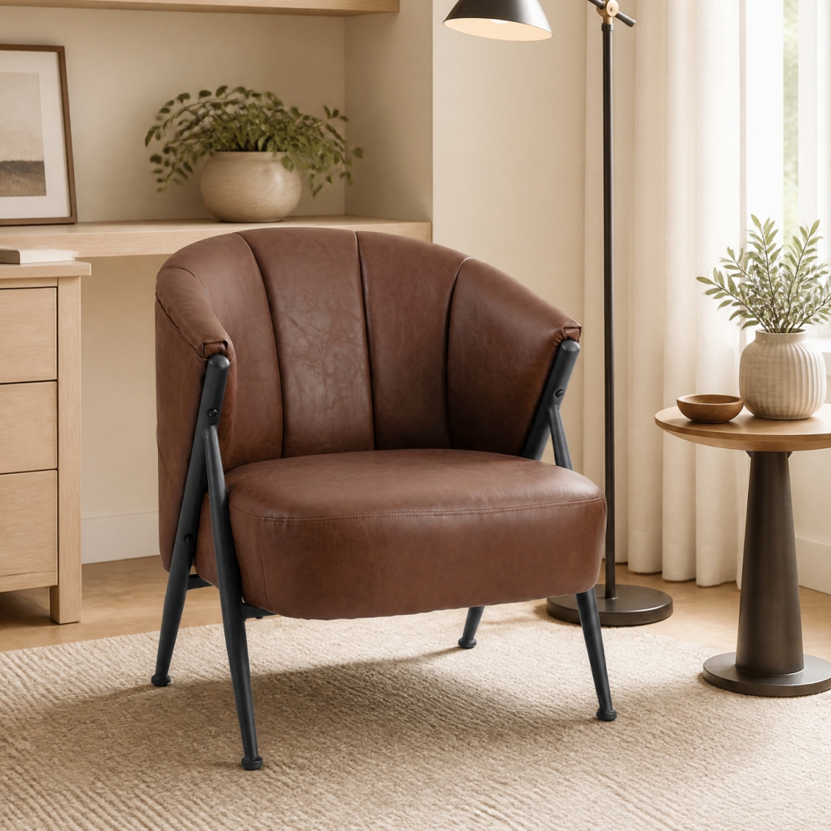 JV14629BN Mid Century Modern Accent Chair with Curved Backrest & Wide Seat Comfy Armchair - Brown