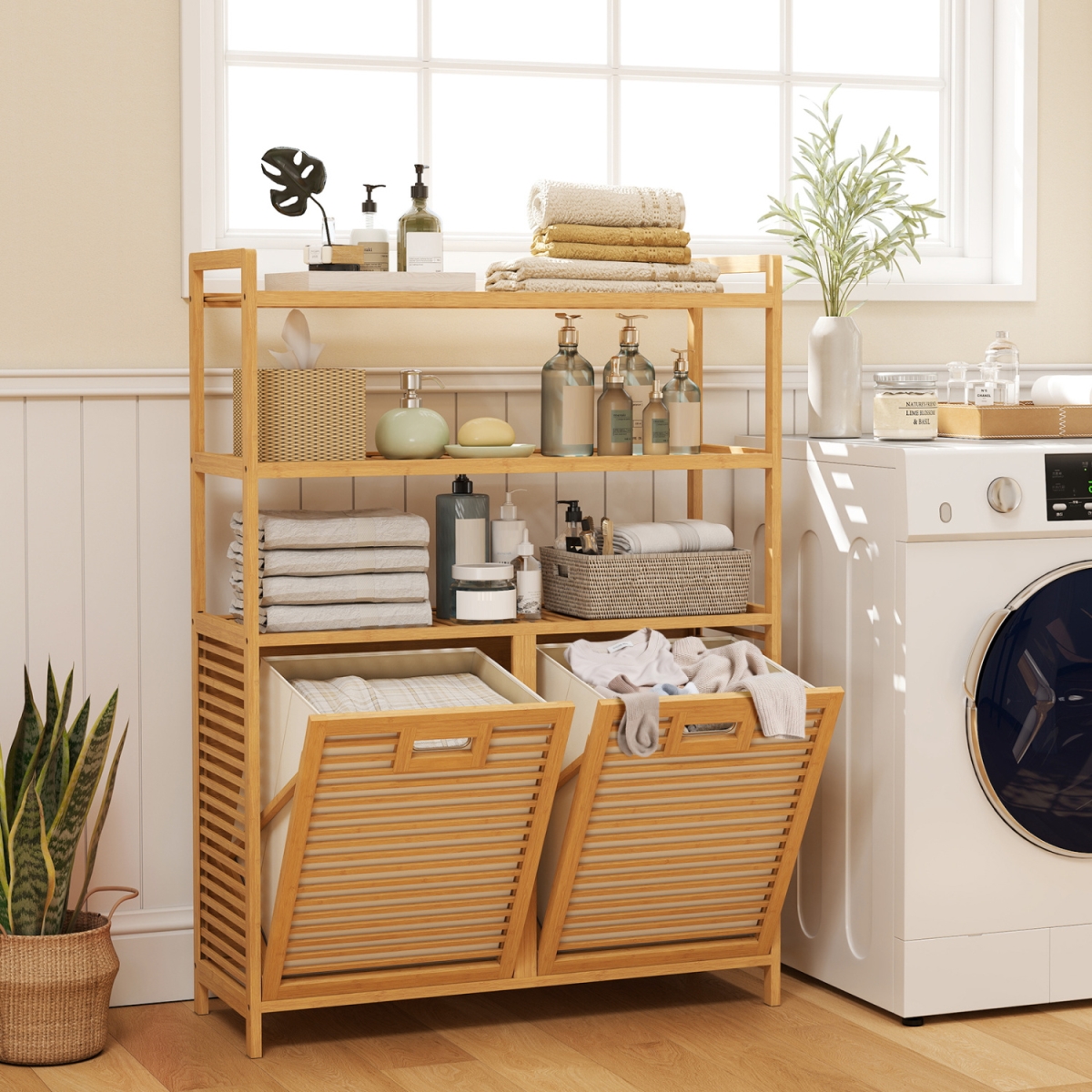 JV14712NA Double Tilt Out Laundry Hamper with 3 Shelves & 2 Removable Baskets for Dirty Clothes - Natural