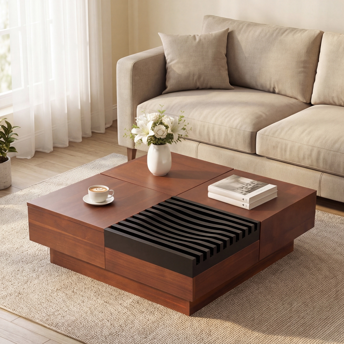 JV14798WN 32 in. Square Color-Blocking Design Coffee Table with Storage Tray for Living Room - Walnut