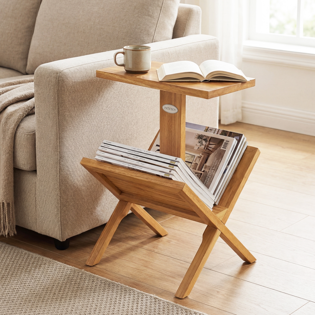 JZ10410 2-Tier Side Table Magazine Rack with Teak Wood Frame