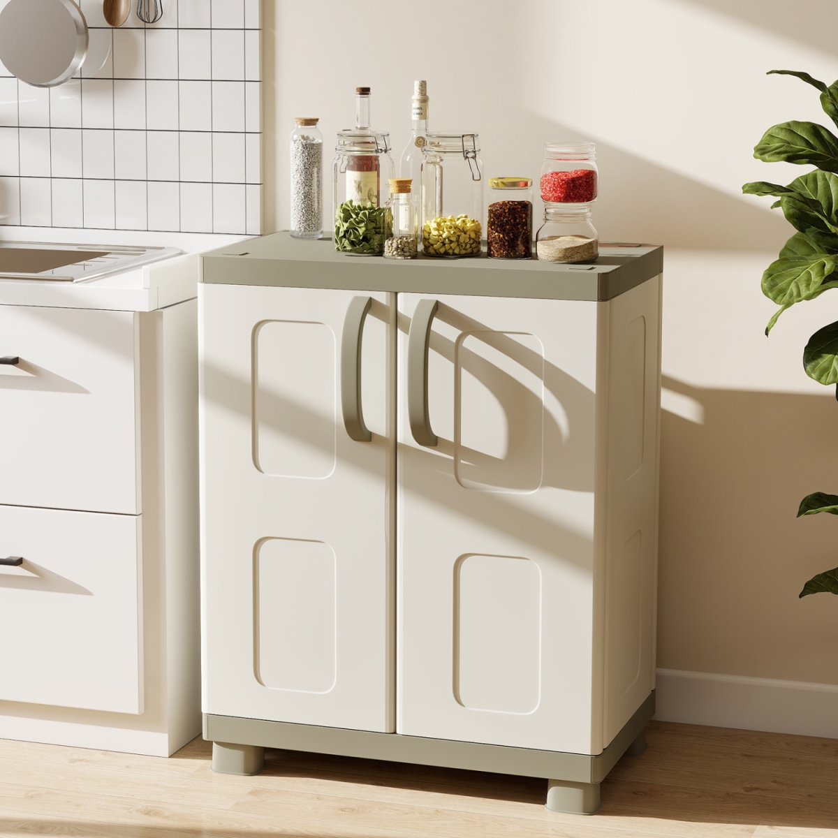 JZ10440BE Freestanding Buffet Cabinet Sideboard with 2 Doors & Adjustable Shelves for Kitchen & Garage - Beige