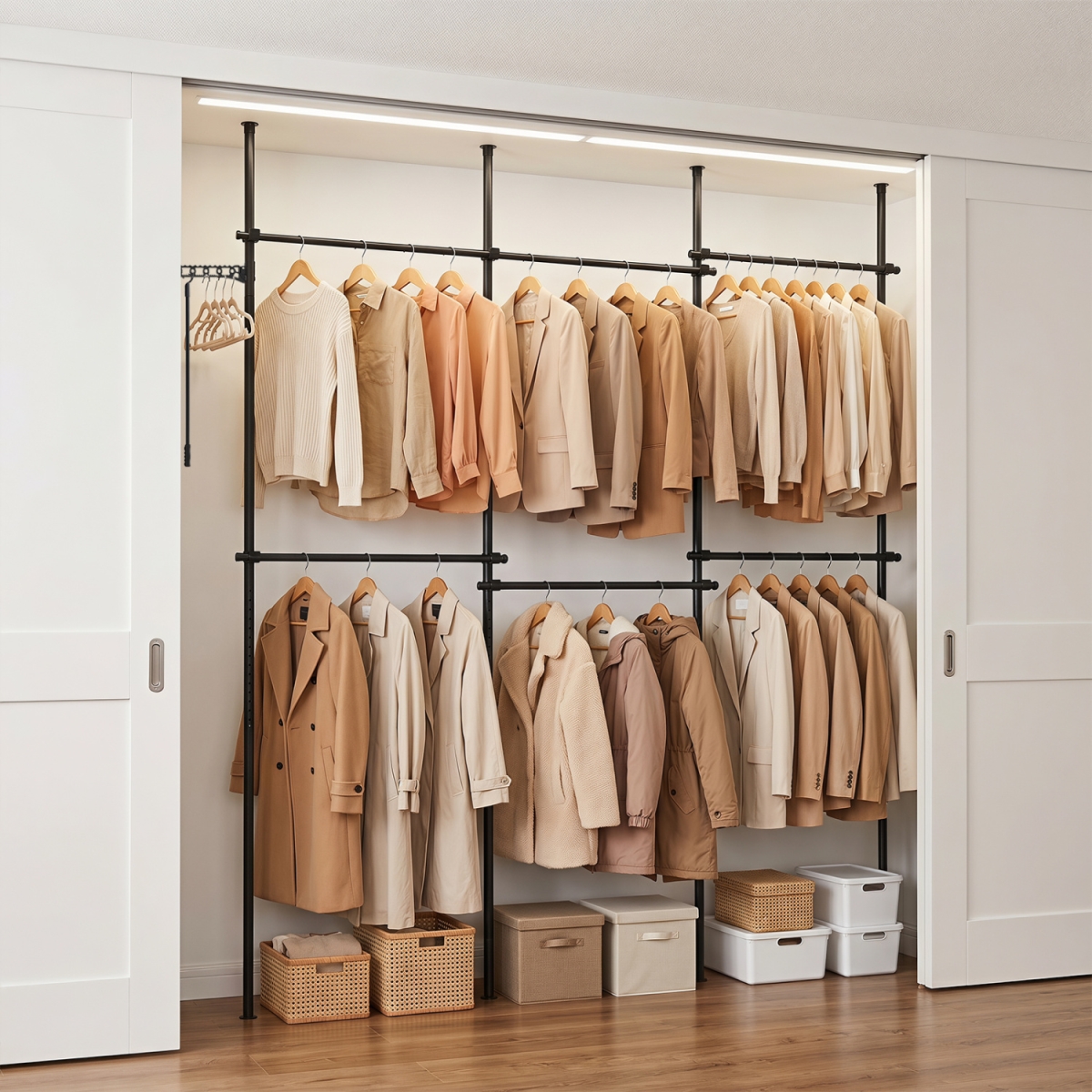 JZ10570DK Adjustable Floor to Ceiling Clothes Rack with 6 Hanging Rods - Black