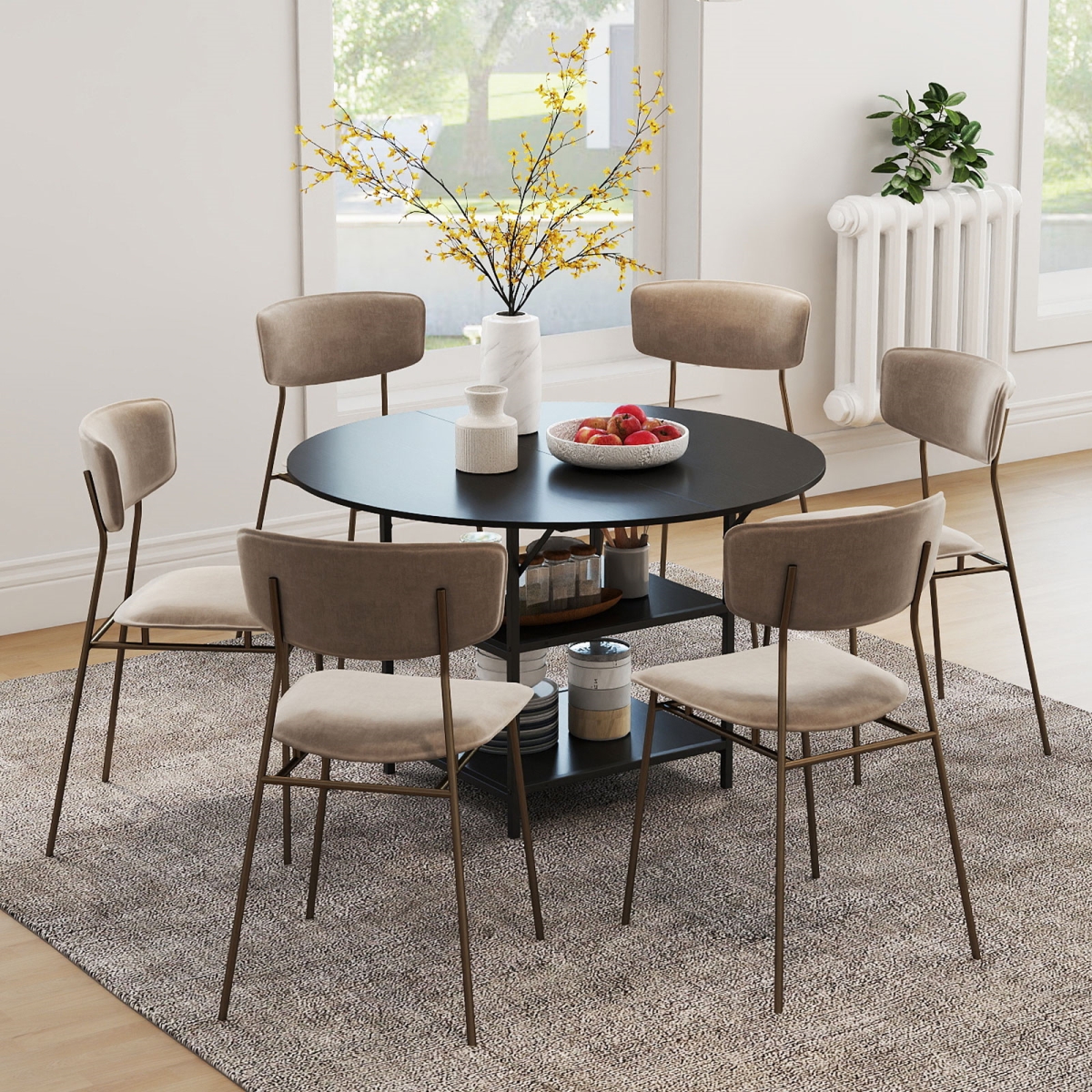 KC59141DK 47 in. Round Dining Table for 4-6 People Large Kitchen Table with 2-Tier Storage Shelves - Black